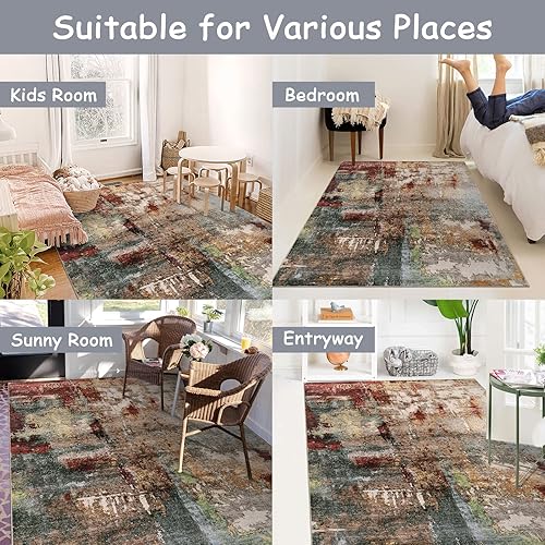 Miniatura 4 de Lahome Alfombra moderna abstracta lavable de 5 x 7 pulgadas, alfombra roja para dormitorio, suave, antideslizante, de pelo bajo, contemporánea,