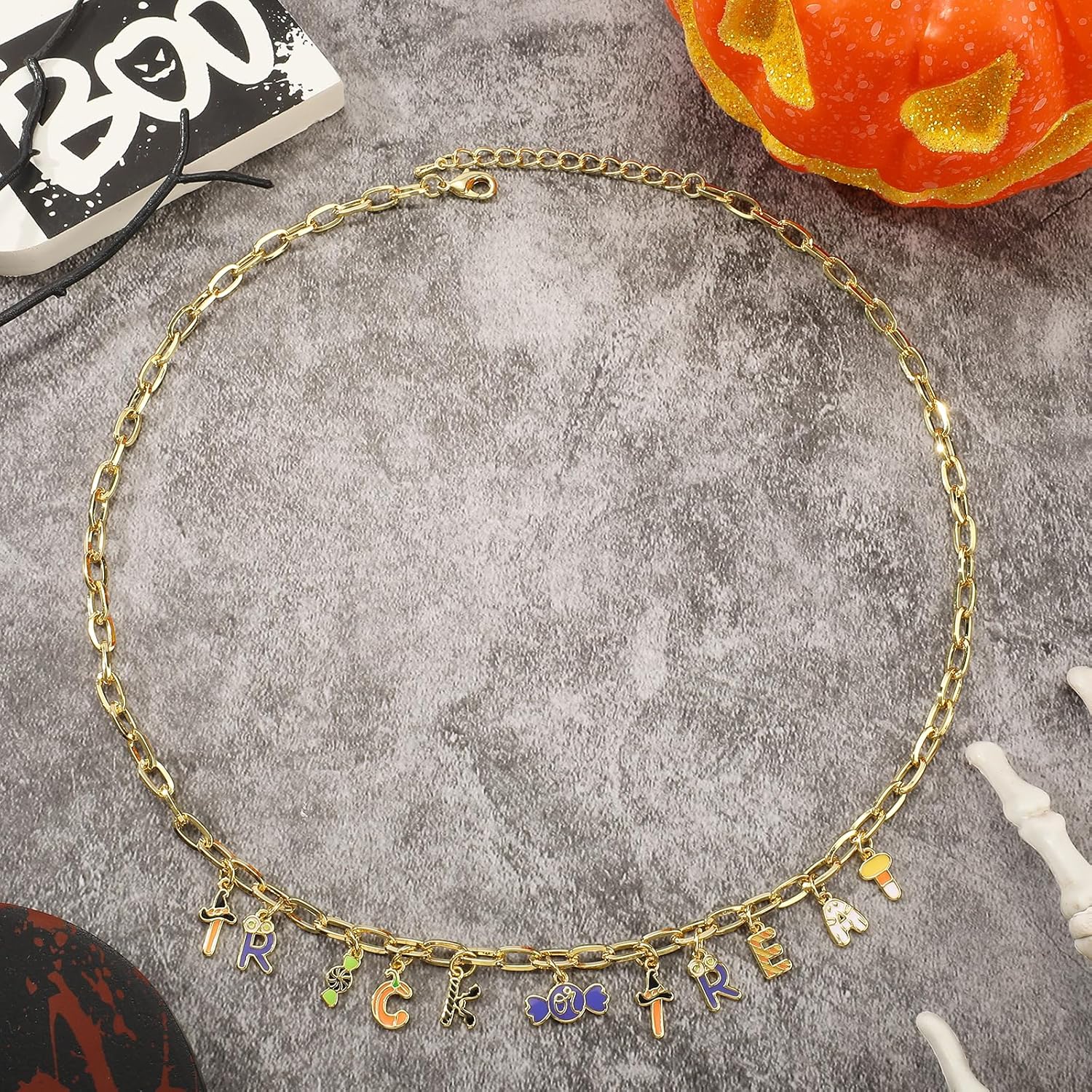 NEKOL Halloween Trick or Treat Necklace for Women, Charm Necklace with Themed Letters Featuring Wizard Hat, Pumpkin, Bat, Ghost, and Candy Designs, Perfect for Halloween Parties and Gifts - Image 5