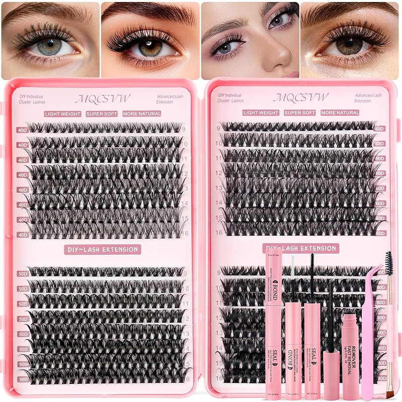 Kit de cílios postiços em tufos MQCsvw com 624 unidades, 9–16 mm, 40D, 50D, 60D e 80D, pinça, adesivo, selante, escova e removedor