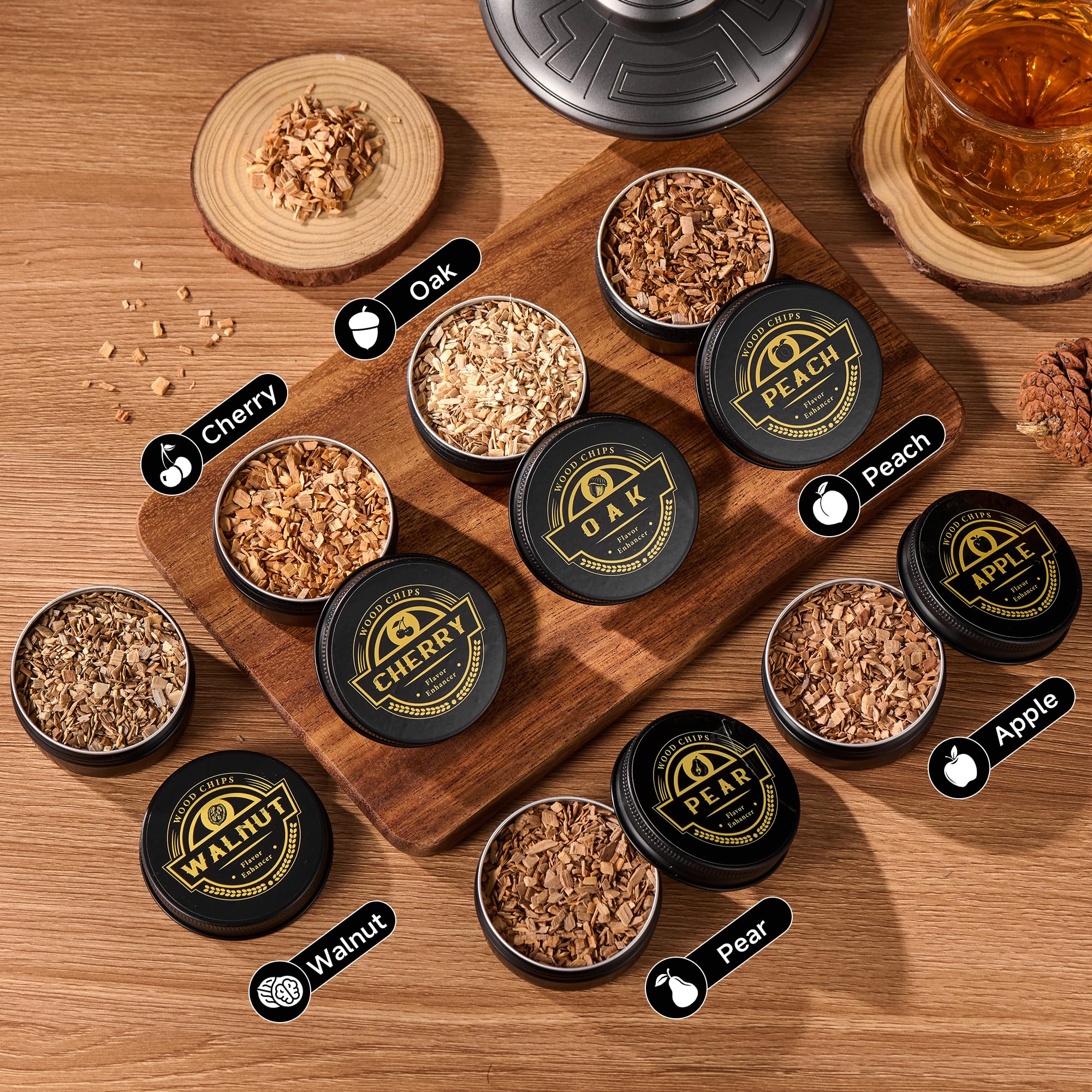ComboJoy Kit per affumicatore elettrico per whisky, accendino integrato, 6 gusti di trucioli di legno, stampi per bicchieri e sfere di ghiaccio, kit ricaricabile per cocktail, kit per affumicatore di