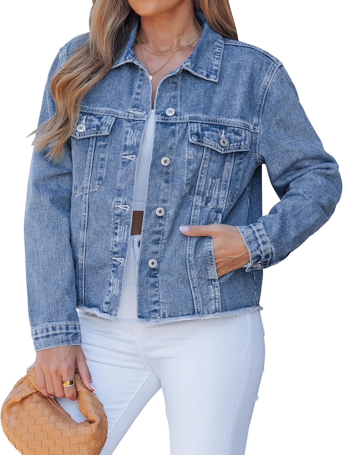 luvamia Denim Jacket for Women Distressed Jean Jackets Button Up Vintage Western Trucker Jacket Frayed Hem Pockets