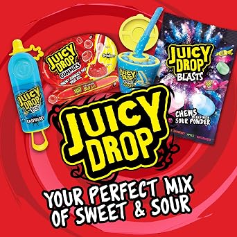Juicy Drop Blasts (12 x 140g Bulk Sweets) Chewy Sweet and Sour Kids Sweets for Party Bags, 6 Tasty Flavours, Individually Wrapped - Halal Candy