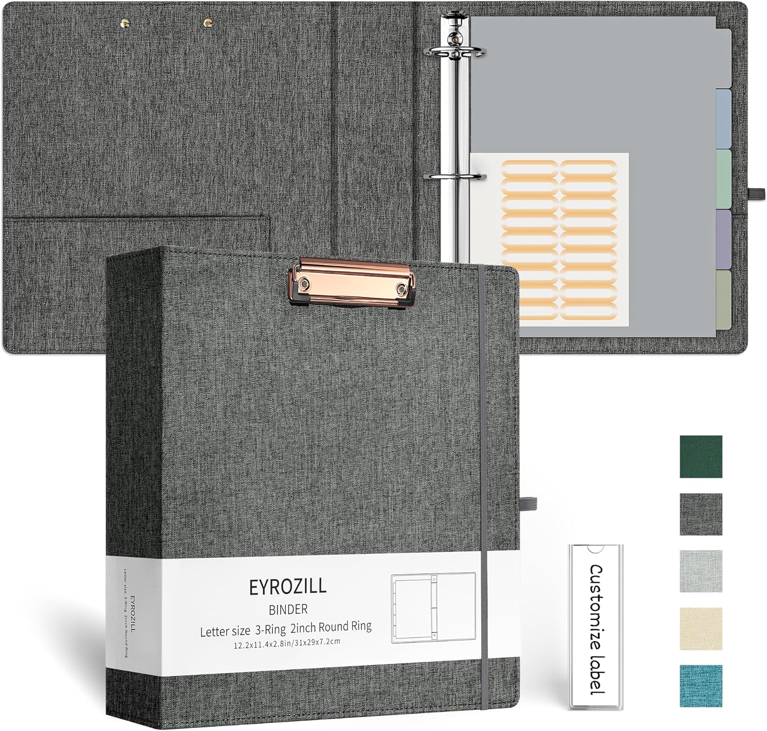 EYROZILL 3 Ring Binder 2 Inch, Binder for Letter Size (11" x 8.5") with 5 Tab Dividers, File Folder Labels and Low Profile Clipboards, Darkgrey