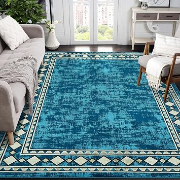 Washable 9x12 Area Rug Modern Rug Non Shedding Living Room Indoor Throw Rugs Soft Bedroom Rug Low Pile Thin Carpet, Blue/Green