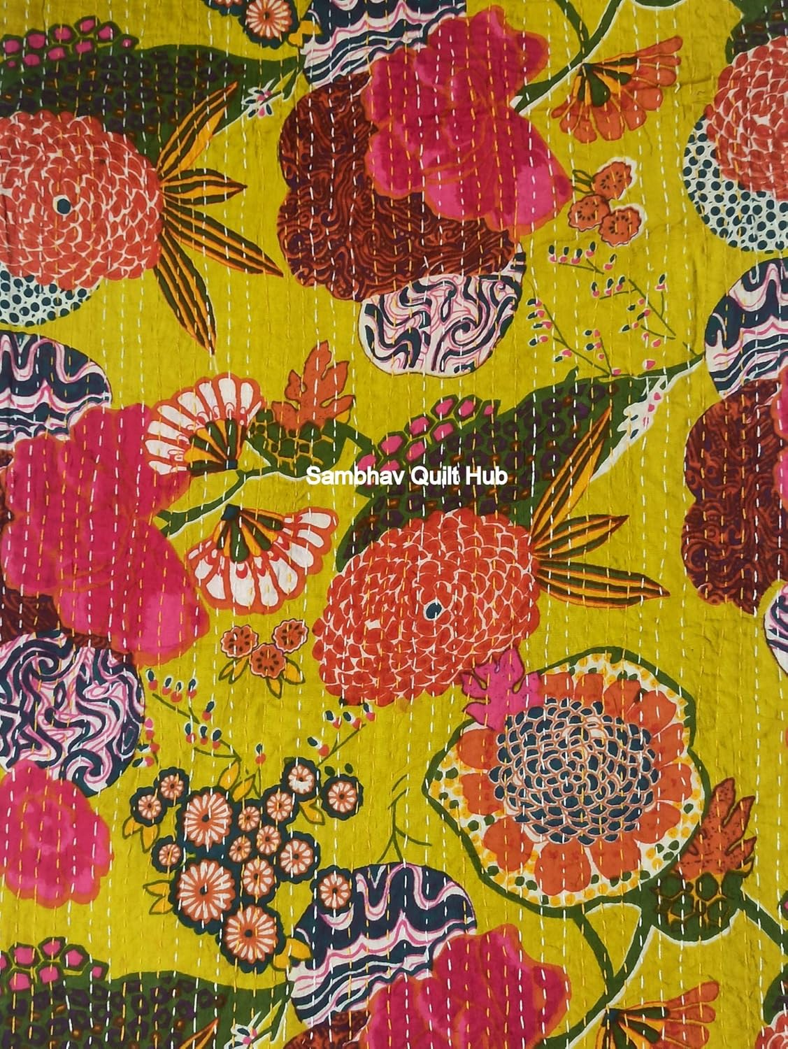 Indian Yellow Fruit Kantha Quilting with 2 Pillow Cover Vintage Ethnic Cotton Fruit Kantha Quilt Coverlet Bedspread Patchwork Stitch Blanket Twin/Queen/California King Size (60X90 inch)