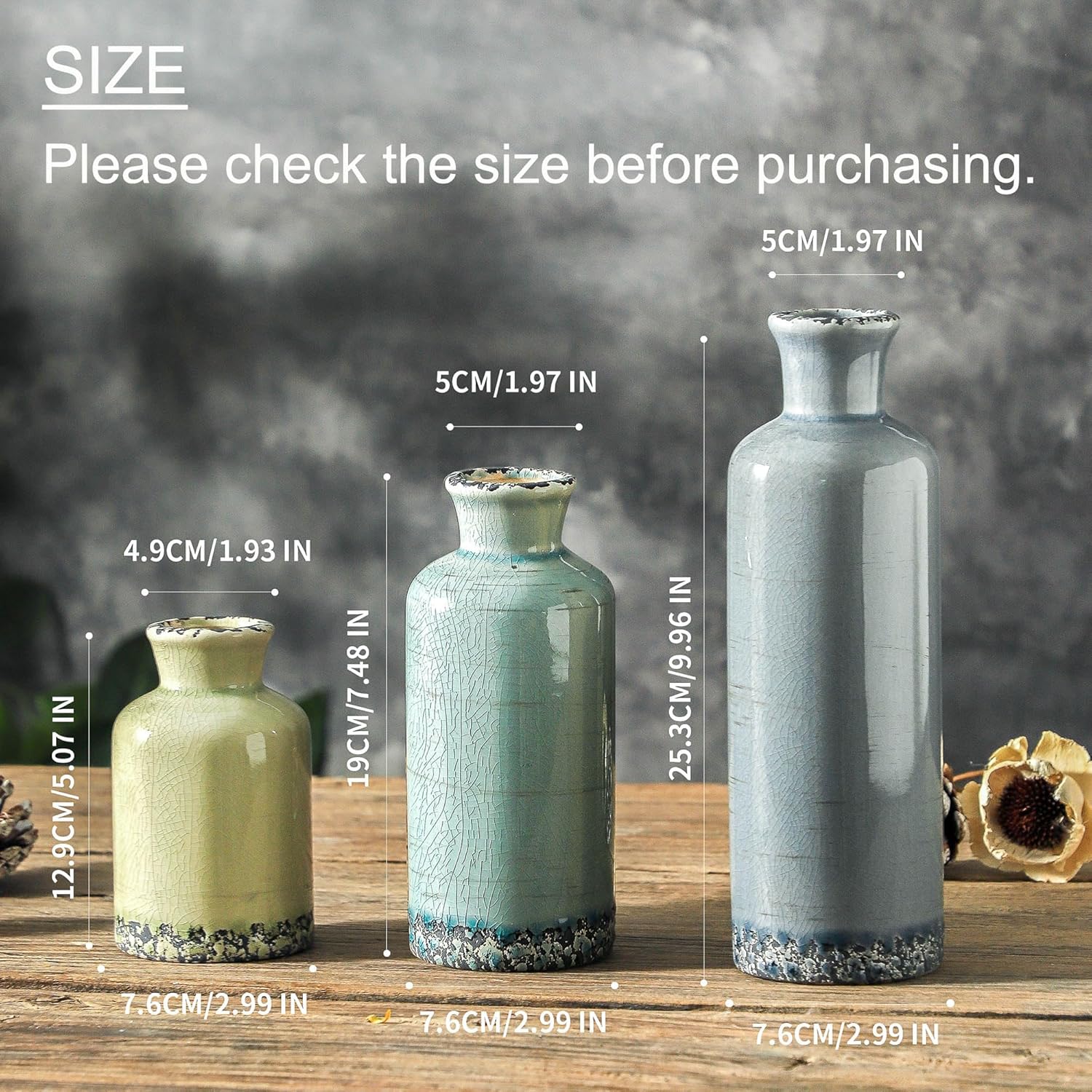 Flower Vase Set of 3, Ceramic Neutral Vases Home Decor, Pottery Rustic Farmhouse Decorative Vases Modern Decor for Table Mantel Entryway Bookshelf Living Room Kitchen Bedroom - Multicolor - Image 2