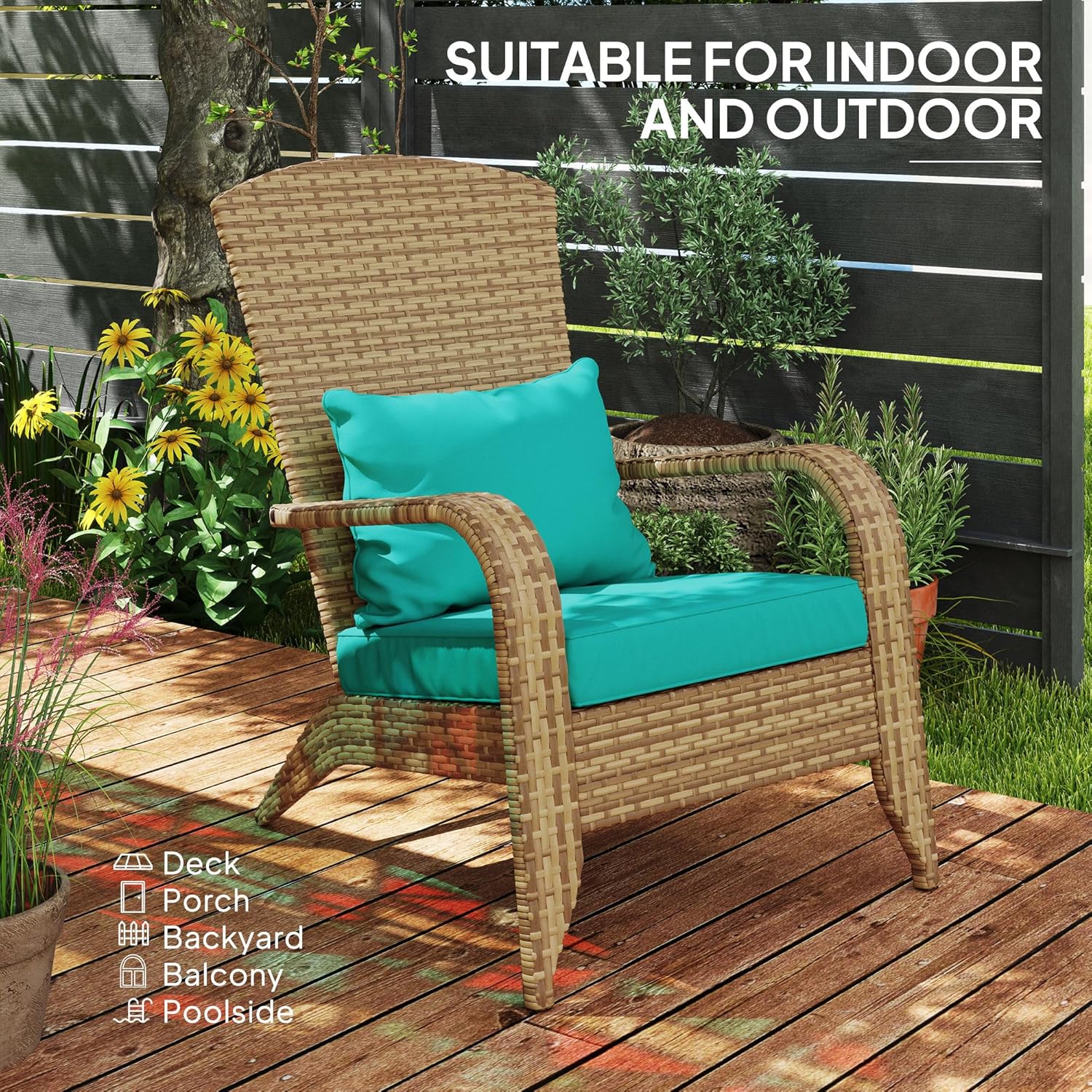 Outsunny Patio Wicker Adirondack Chair, Outdoor All-Weather Rattan Fire Pit Chair with Soft Cushions, Tall Curved Backrest and Comfortable Armrests for Deck or Garden, Sky Blue