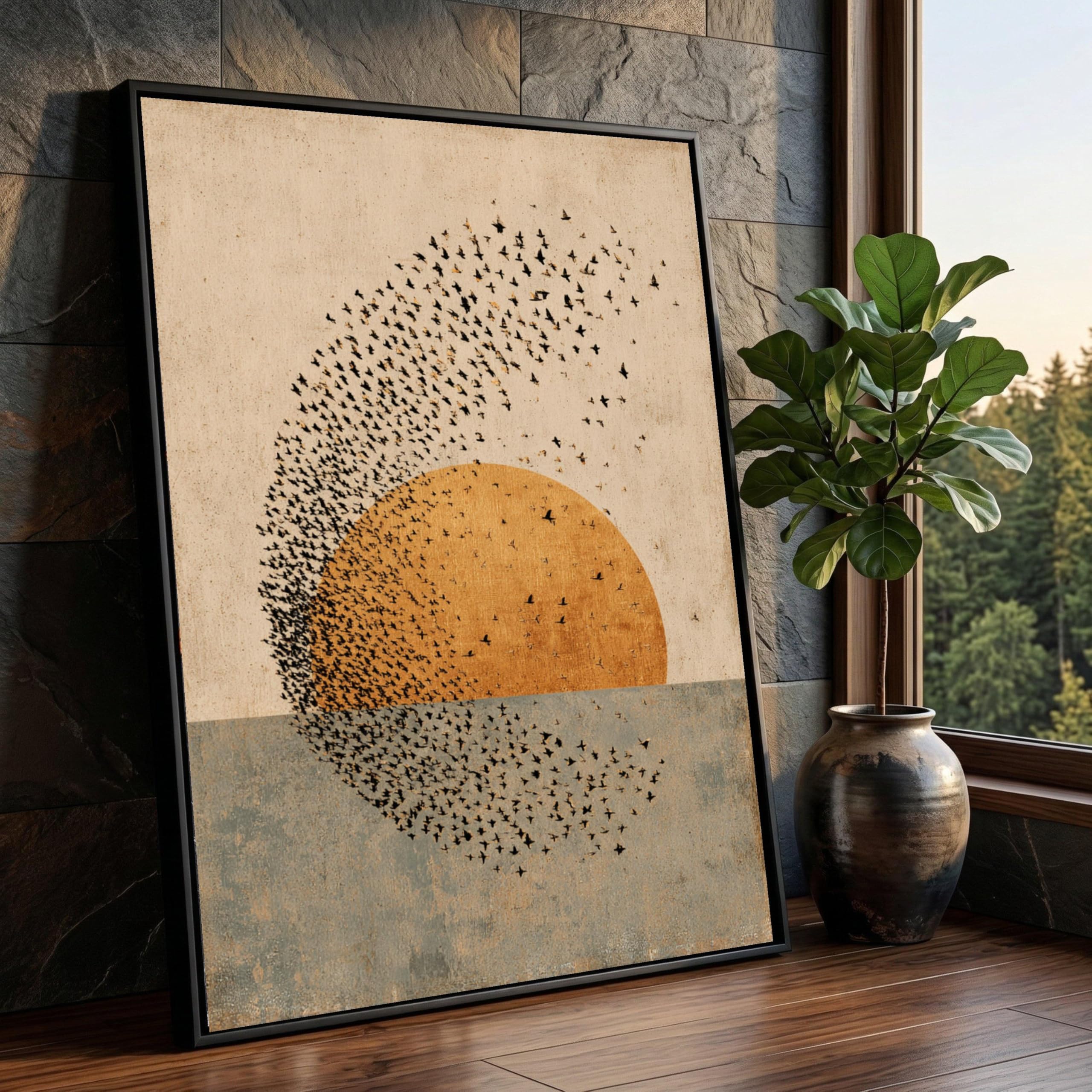 TONGYINLI Abstract Canvas Wall Art, Bird Flock Silhouette, Vintage Sunset Nature Posters Print, Aesthetic Painting for Living Room(70x100cm/Frameless)