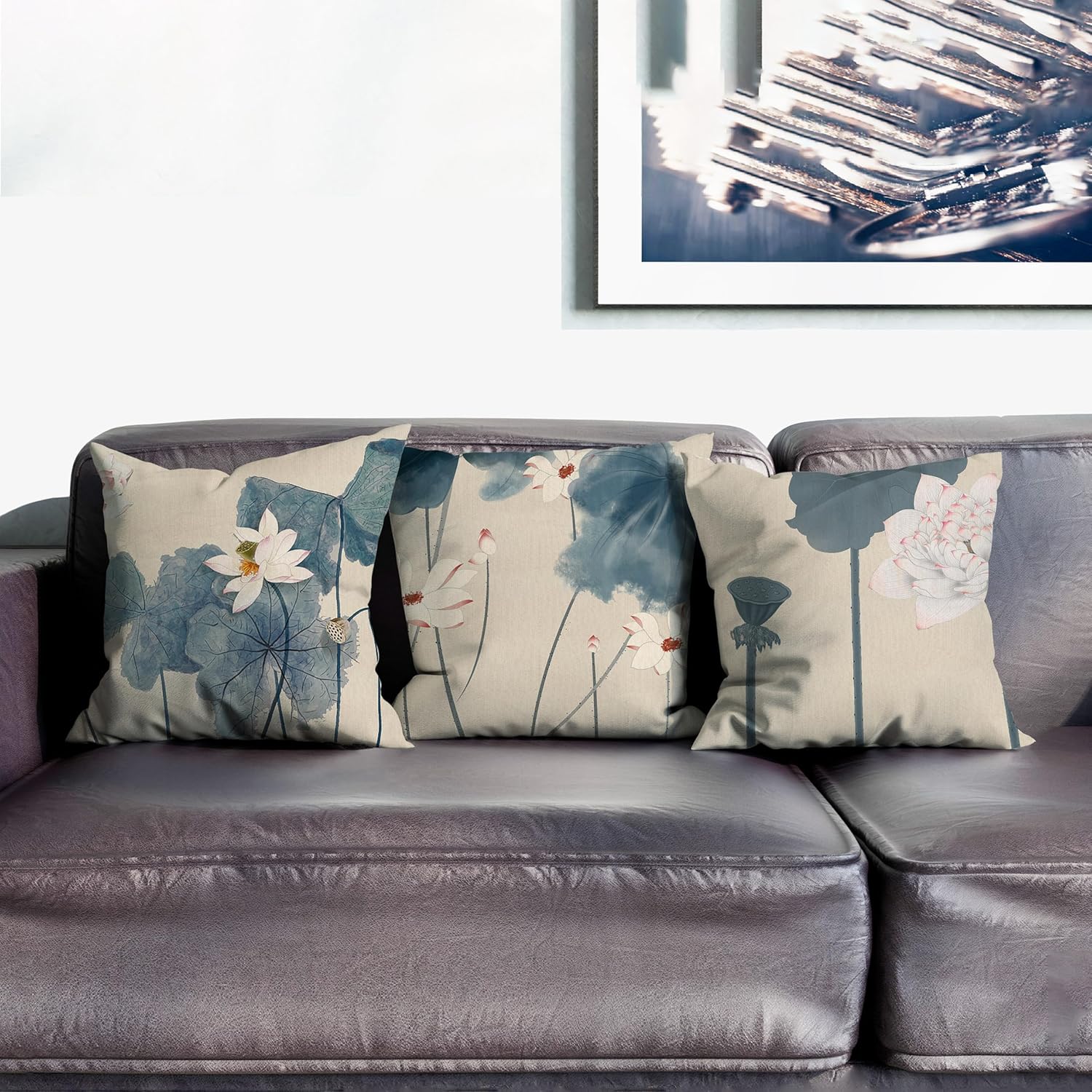 Digital-Printed Lotus-Pattern Cushion Covers in Linen Blend, for Sofa & Room Decor(24 * 32inch,MSHH-N)