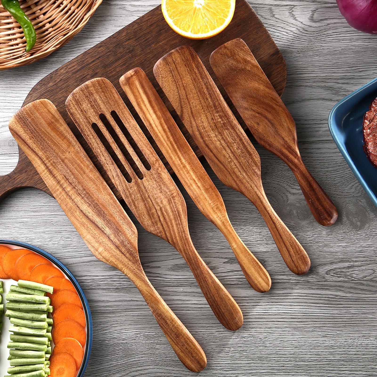 Juego de 5 piezas de madera de teca natural, juego de utensilios de cocina resistentes al calor, antiadherentes, cucharas de madera para cocinar, agitar, mezclar, servir, herramientas de cocina como