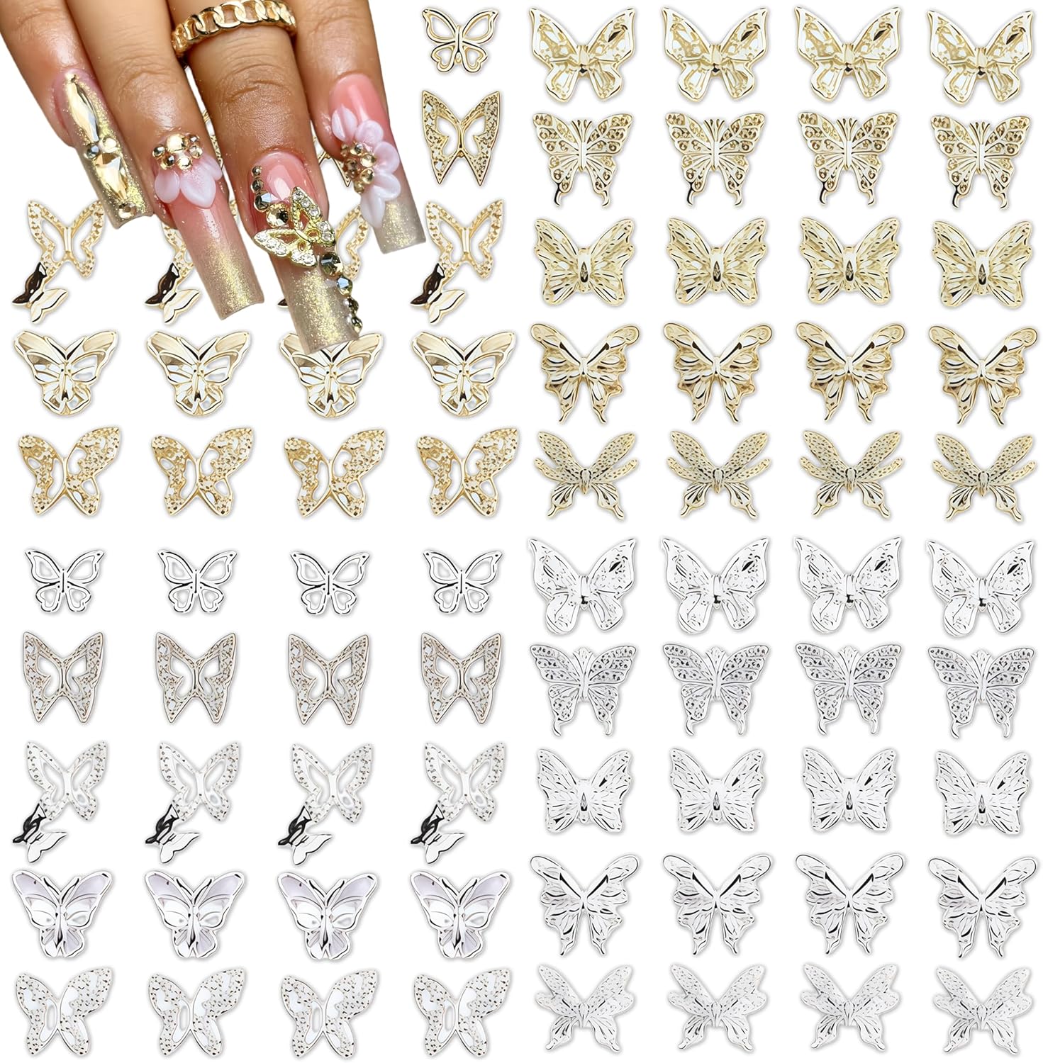 100 PCS 3D Gold Silver Rose Nail Art Charms Romantic Flowers Nail Rhinestones Alloy Gold Silver Rose Nail Gems 3D Metal Roses Nail Jewels for Women Acrylic Nails Supplies Decoration DIY Craft Making