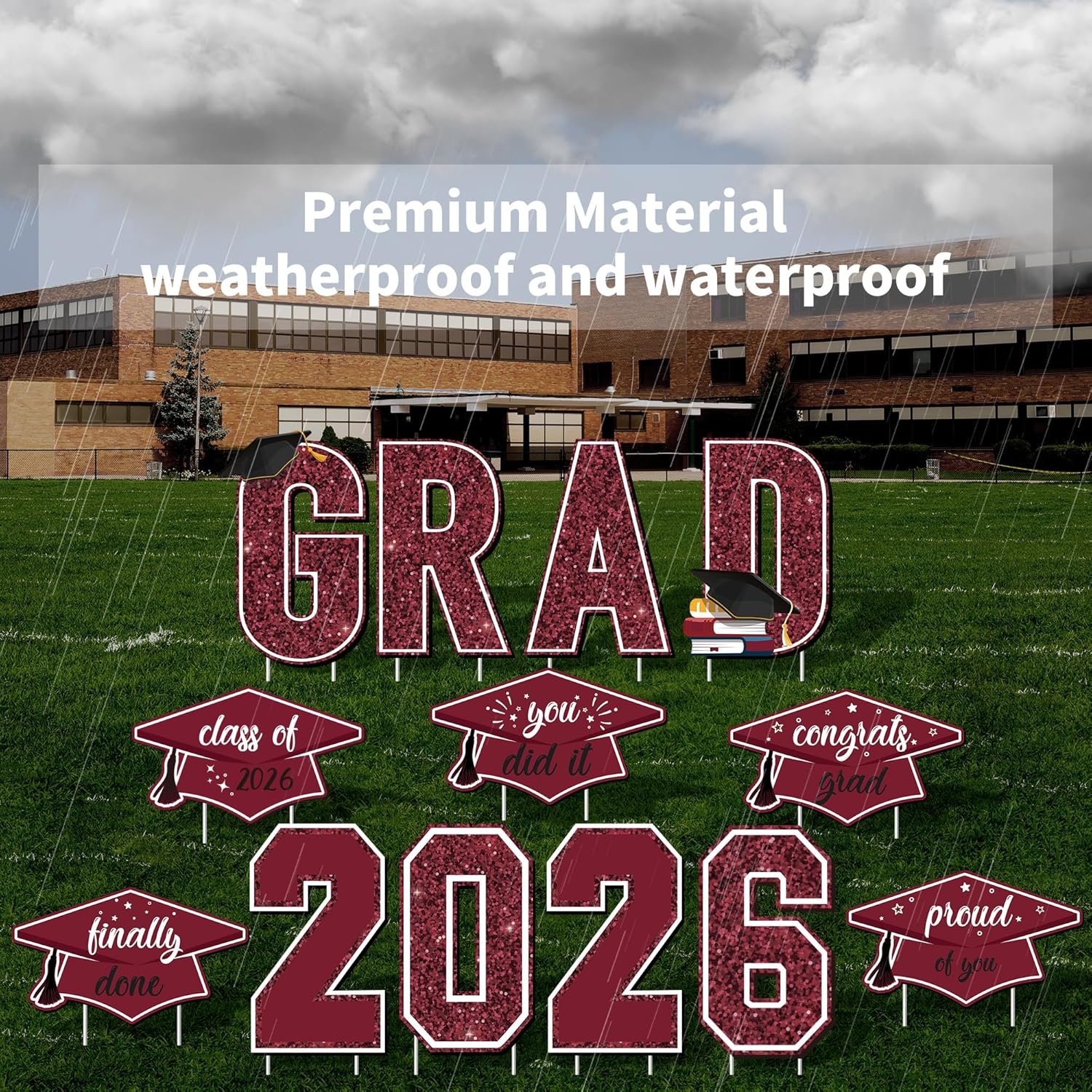 Aneco Waterproof 2026 Grad Yard Signs Plastic Graduation Yard Signs Party Outdoor Lawn Decorations 16 Inches Glitter Congrats Grad Lawn Sign with Stakes for Outdoor Party Garden Decor (Maroon)