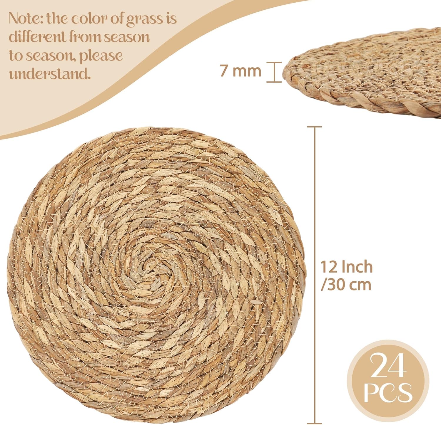 Aneco 24 Pack 12-Inch Round Woven Placemats Natural Hand-Woven Boho Rattan Wicker Bulrush Placemat Farmhouse Rustic Braided Table Mats for Dining & Kitchen Decor