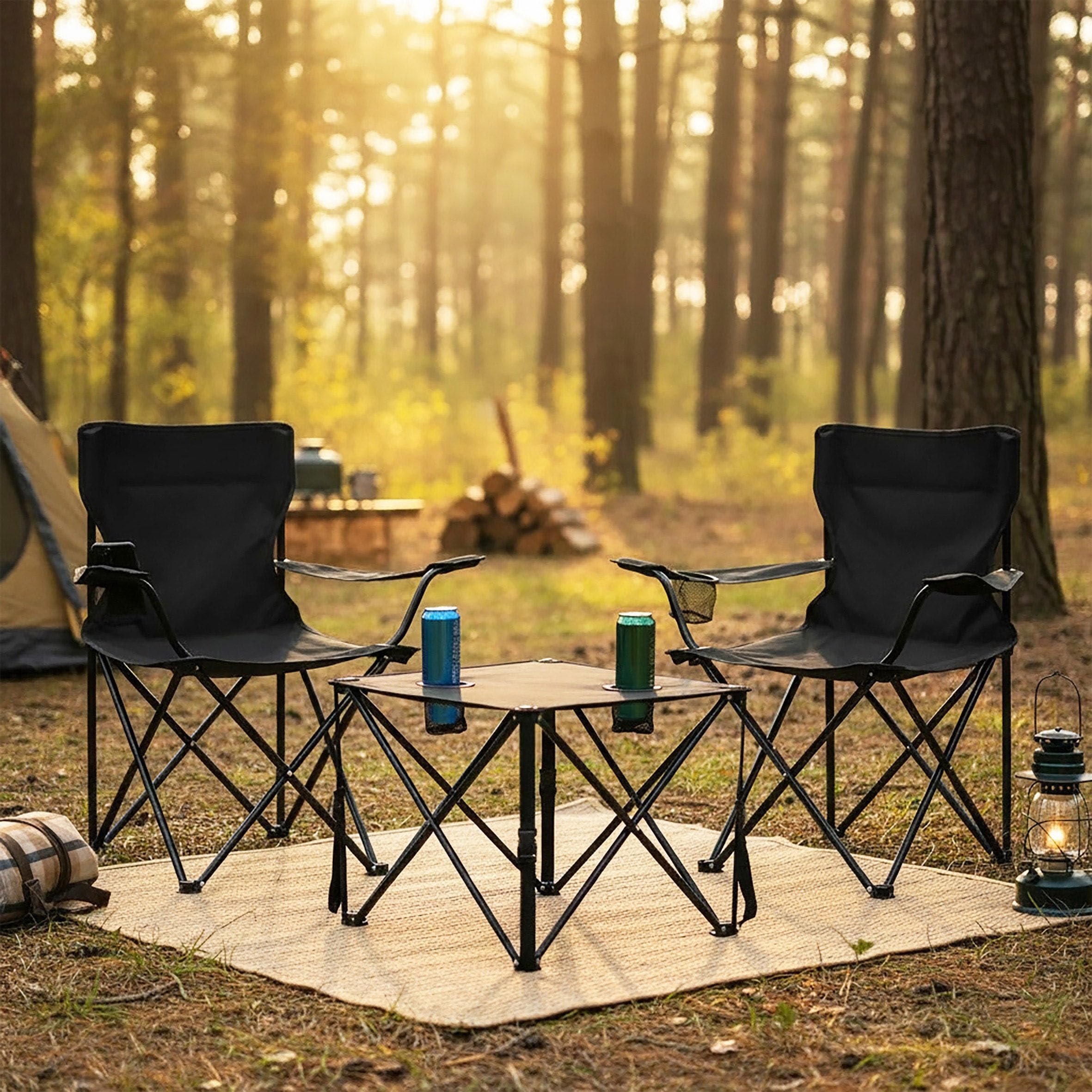 Spetebo Salon de camping noir 1 table + 2 chaises avec supports pour boissons intégrés – 3 pièces – Ensemble de table de jardin avec chaises pliantes jusqu'à 100 kg – Chaise pliable pour pêcheur