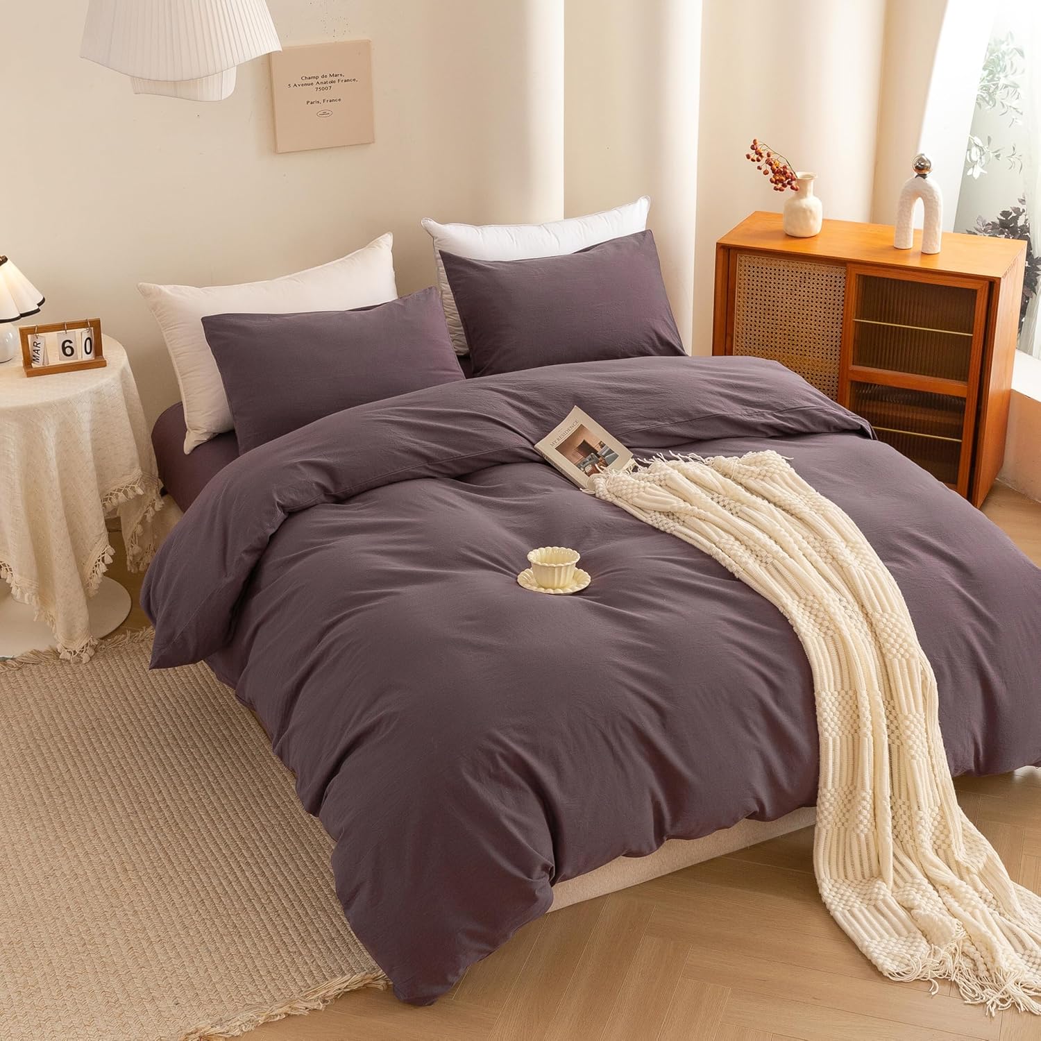 ECOCOTT Lilac Purple Duvet Cover King Size, 100% Washed Cotton 3 Piece Bedding Set 1 Duvet Cover with Zipper and 2 Pillowcases, Ultra Soft and Easy Care Breathable Duvet Cover Set ((Lilac Purple,King)