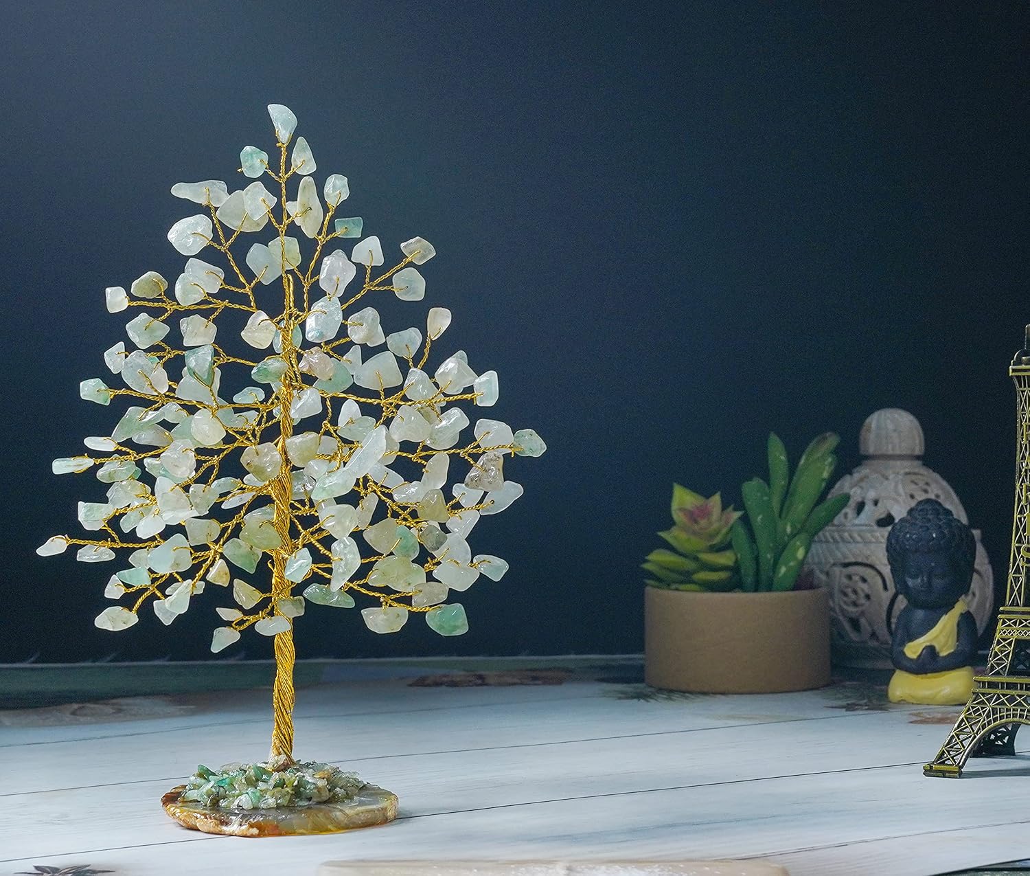 Green Jade Gemstone Tree of Life - Geode Agate Slice Base, Crystal Tree for Positive Energy, Feng Shui Decor - Chakra Tree, Good Luck Money Bonsai, Healing Stones, Gem Tree, Spiritual Mystical Gift - Image 3