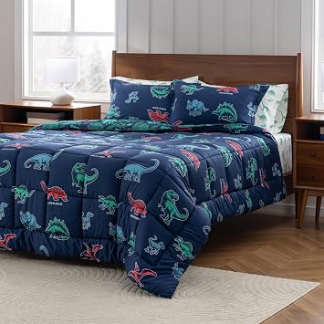 Berkshire LIG Printed Reversible Microfiber Comforter Set7-Piece, Ultra Soft All-Season Bedding, Wrinkle & Fade Resistant, Full, Life was Good Dinos Navy