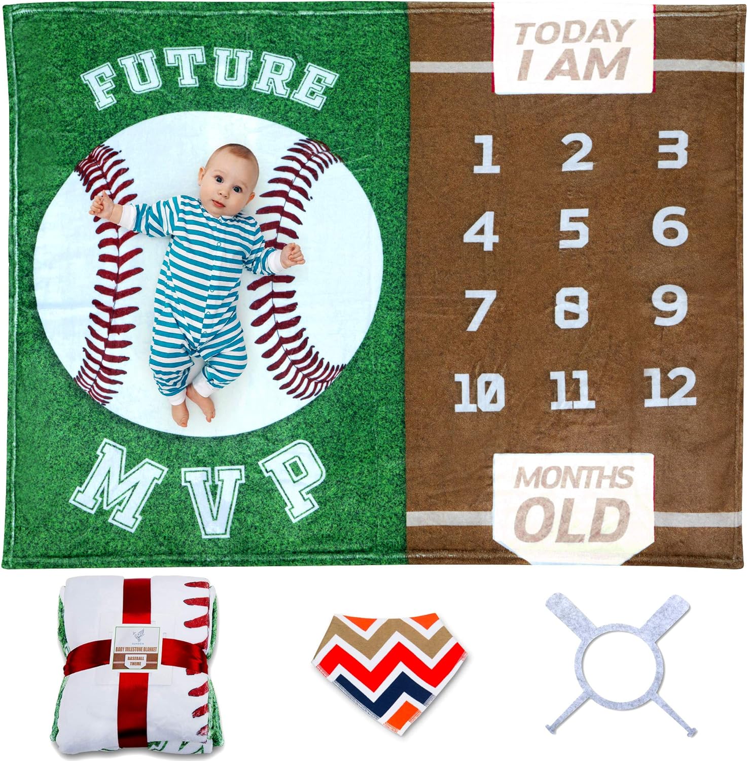 SUKOON Baseball Monthly Milestone Blanket for Baby Boy/Girl | Includes Frame and Bib | Large | 47"x40" | Personalized Baby Month Blanket for Newborn Baby Shower
