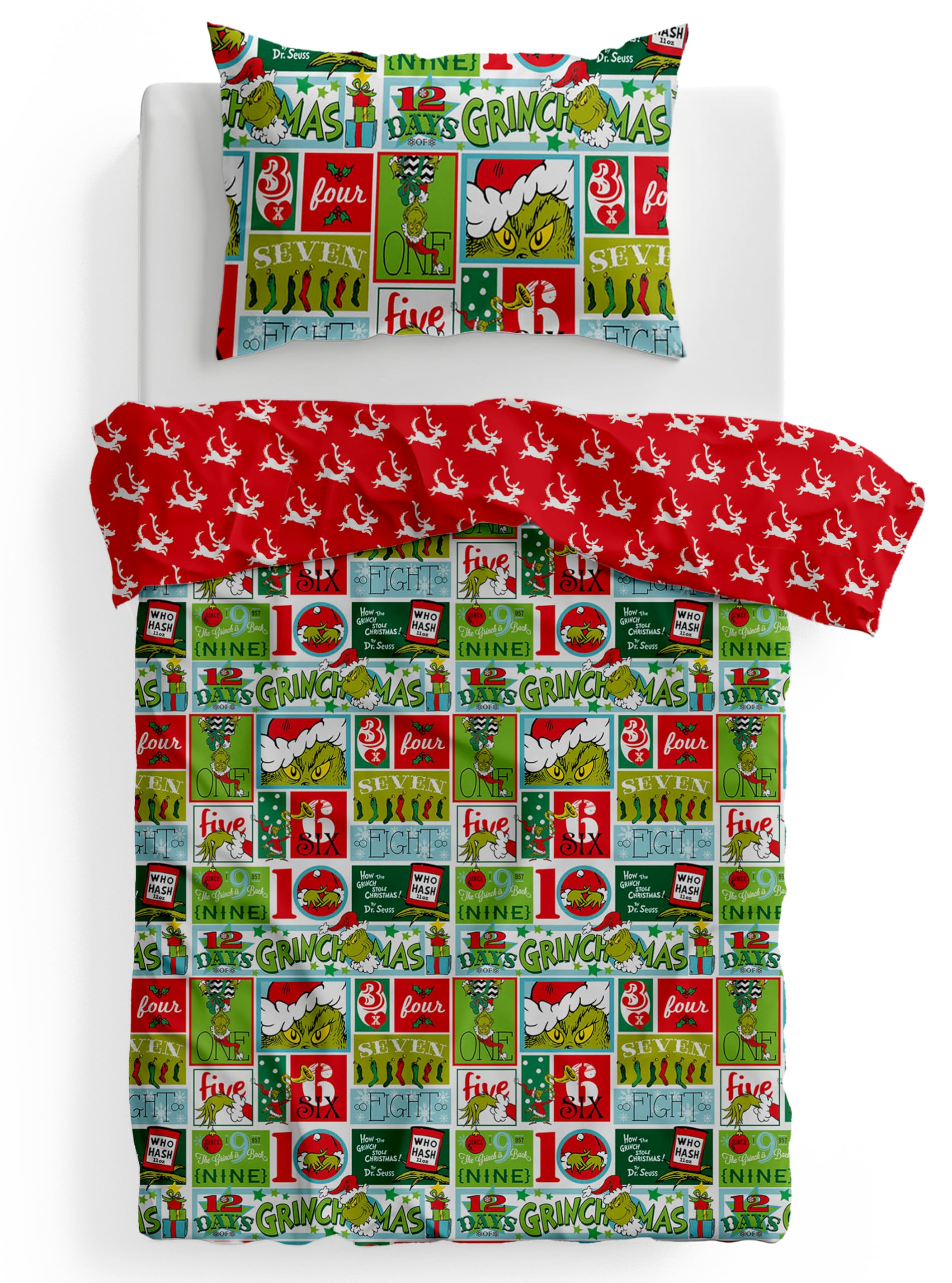 Christmas Duvet Cover - Dr. Seus The Grinch Bedding Single Bed Set With Pillowcases - Microfibre Single Duvet Set (135x200cm), Soft Easy Care Bed Linen - Xmas Gift For Lovers (Single-135x200cm)