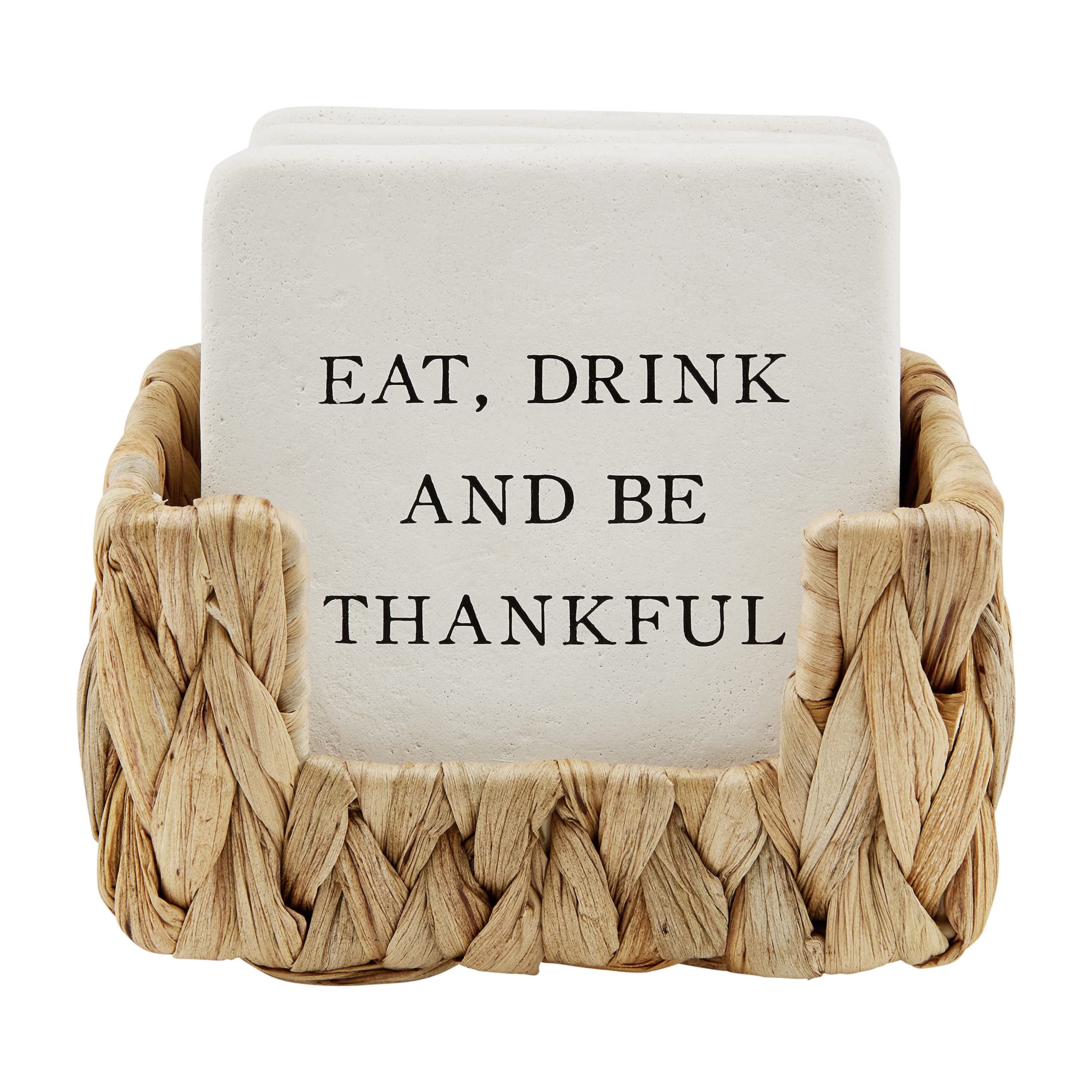 Mud Pie Thankful Kireç Taşı Bardak Altlığı ve Tutucu Seti, Beyaz, 10 cm Çap