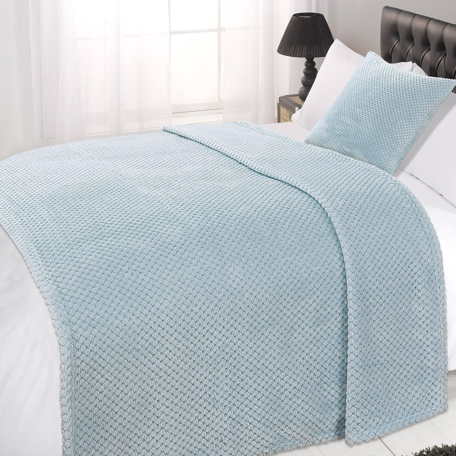 Dreamscene Fleece Blanket Bed Throw King Size, Soft Cosy Warm Honeycomb Waffle Mink Throws for Sofas Bed Settee Fluffy Faux Fur Blanket Large Sofa Throw, Duck Egg Blue - 200 x 240cm