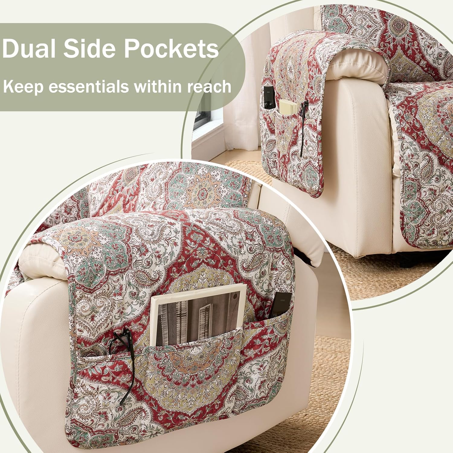 Ogee Printed Recliner Chair Covers, Soft Quilted Recliner Covers, Water-Repellent Lazy Boy Chair Covers, Pet Friendly ReclinerCover for Sofa, Washable ArmchairCovers (Recliner 22", Ogee)