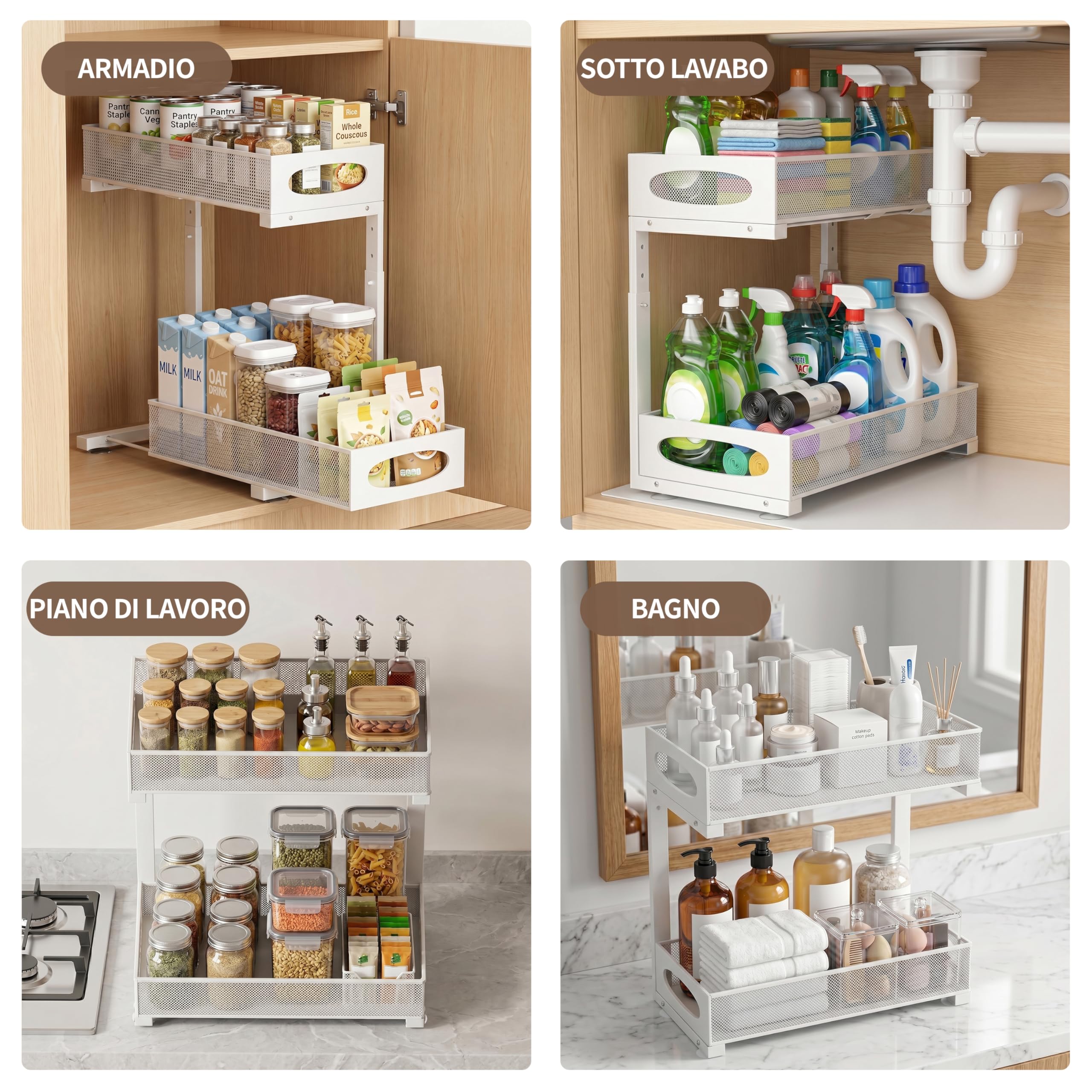 Organizer Sottolavello Cucina，Scaffale Estraibile a 2 Livelli, Scorrevole Organizer Sottolavello Portaoggetti Ripiano Multiuso sotto Lavandino per Cucina Bagno，Regolabile in Altezza (bianco-32)