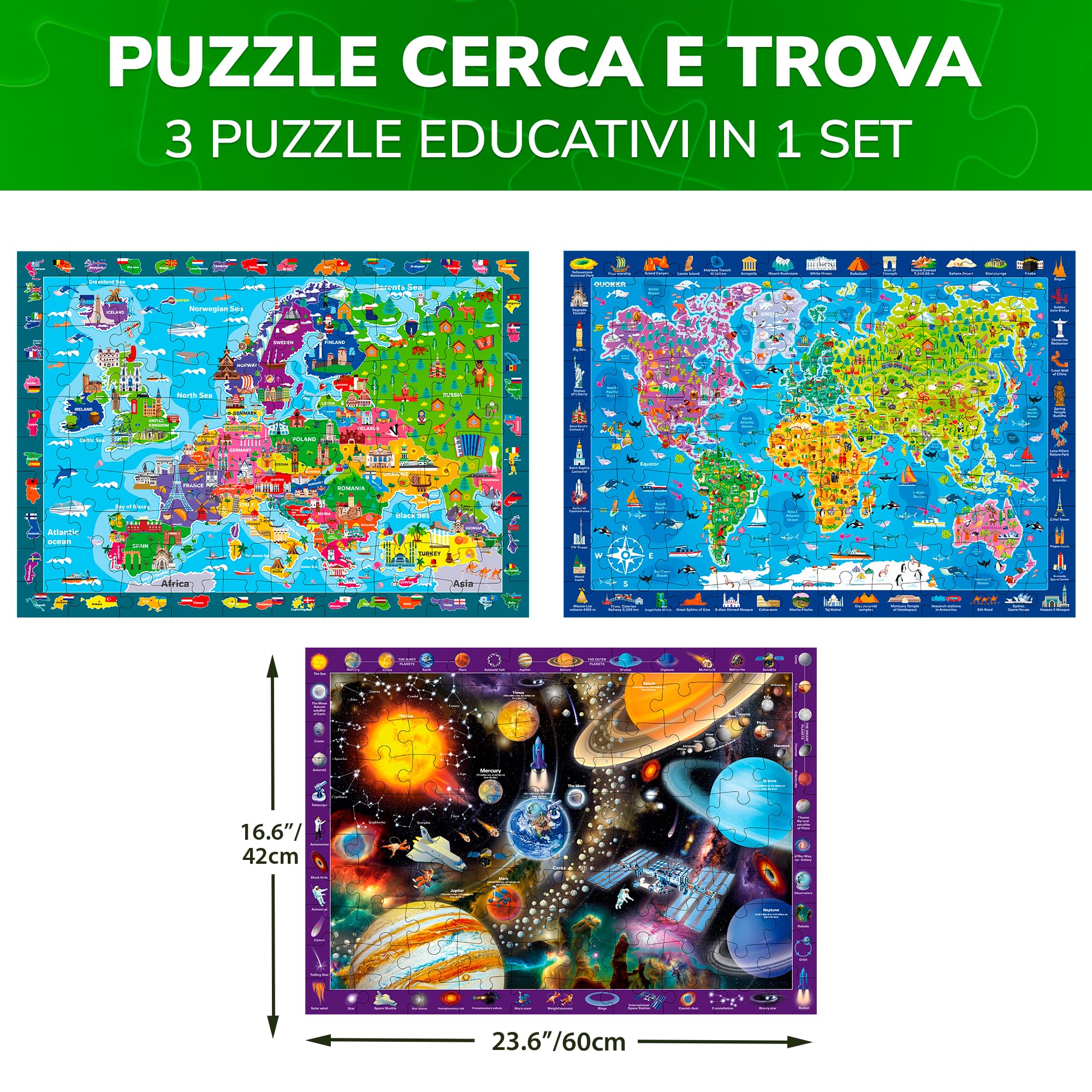 QUOKKA Puzzle 100 Pezzi Bambini 4 5 6 Anni – Set di 3 Puzzle Mappamondo Bambini 6 7 Anni – Gioco Educativo con Spazio Europa e Mappa del Mondo – Giocattolo Regalo per Ragazzi e Ragazze dai 4 ai 9