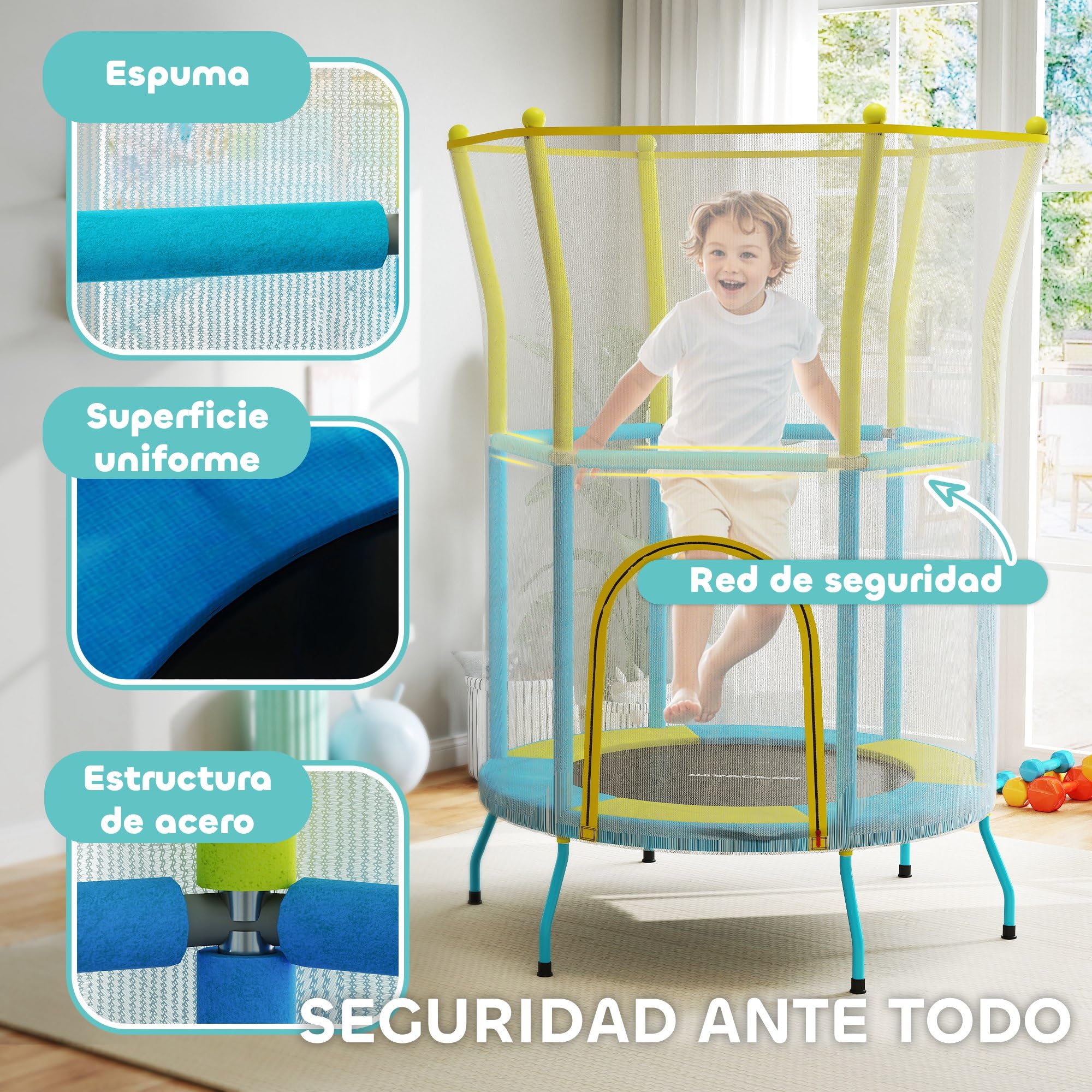 AIYAPLAY Cama Elástica Infantil Ø140x190 cm Trampolín para Niños de 3-6 Años con Red de Seguridad Barras Acolchadas Carga 45 kg para Interior Multicolor