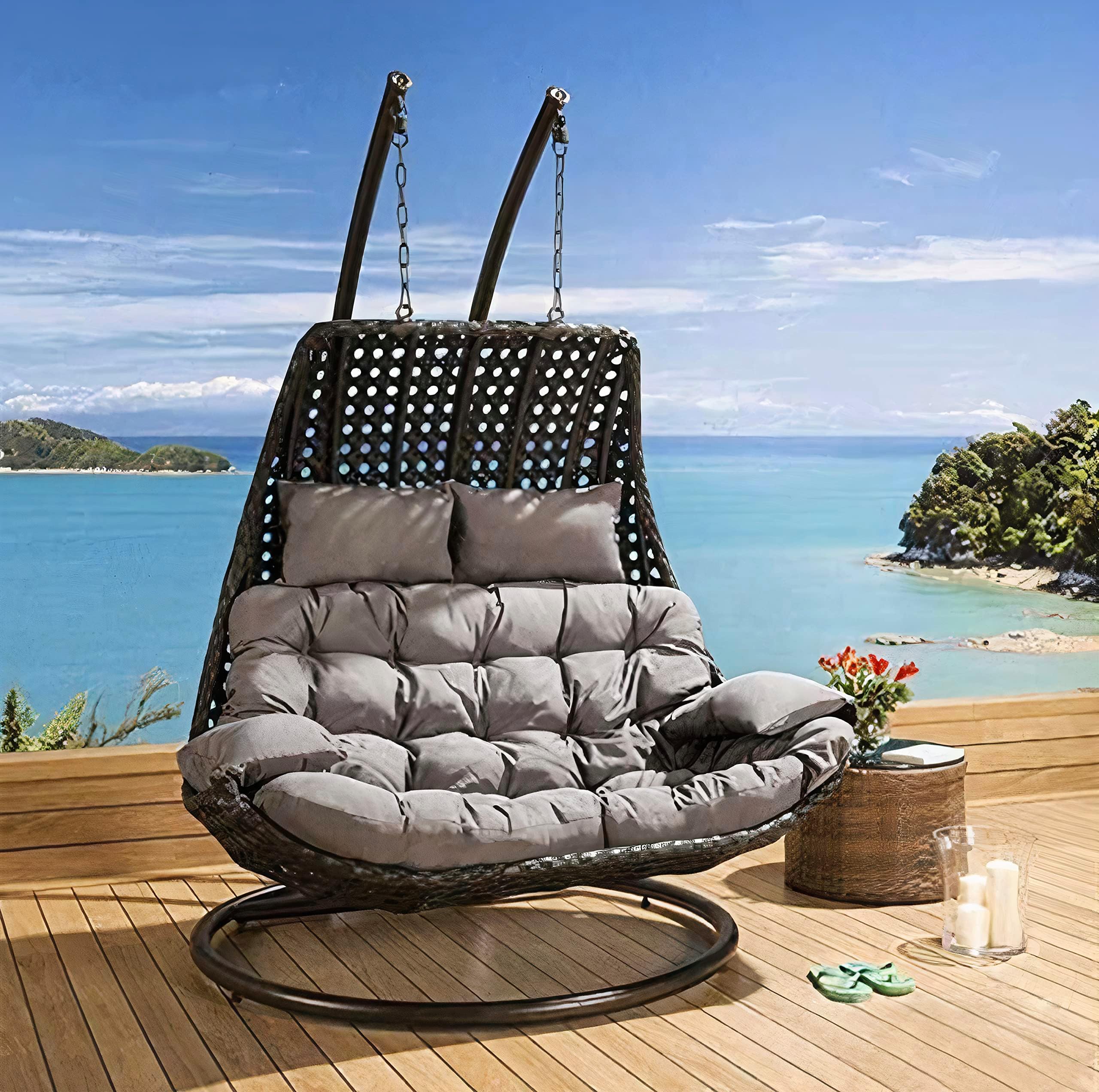 Hindoro Rattan Wicker Wrought and Cast Iron Outdoor Balcony Furniture Double Seater Swing Chair with Stand and Grey Cushion for Adults & Kids [Black], 132.1 x 132.1 x 203 Cm
