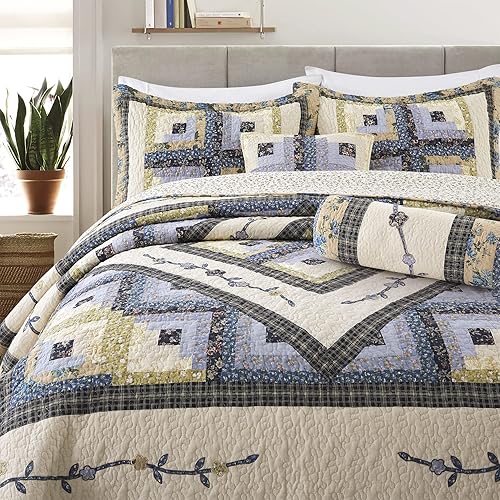 Miniatura 10 de L'IRISDOM Juego de ropa de cama de algodón con retazos tamaño Queen, edredón ligero con estampado floral, manta de granja hecha a mano, 3 piezas