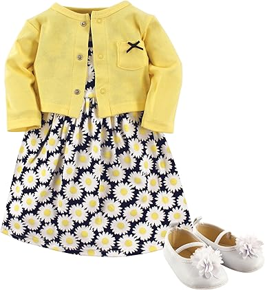 Hudson Baby baby-girls Cotton Dress, Cardigan and Shoe Multi-pack Set