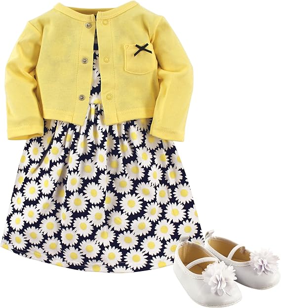 Hudson Baby baby-girls Cotton Dress, Cardigan and Shoe Multi-pack Set