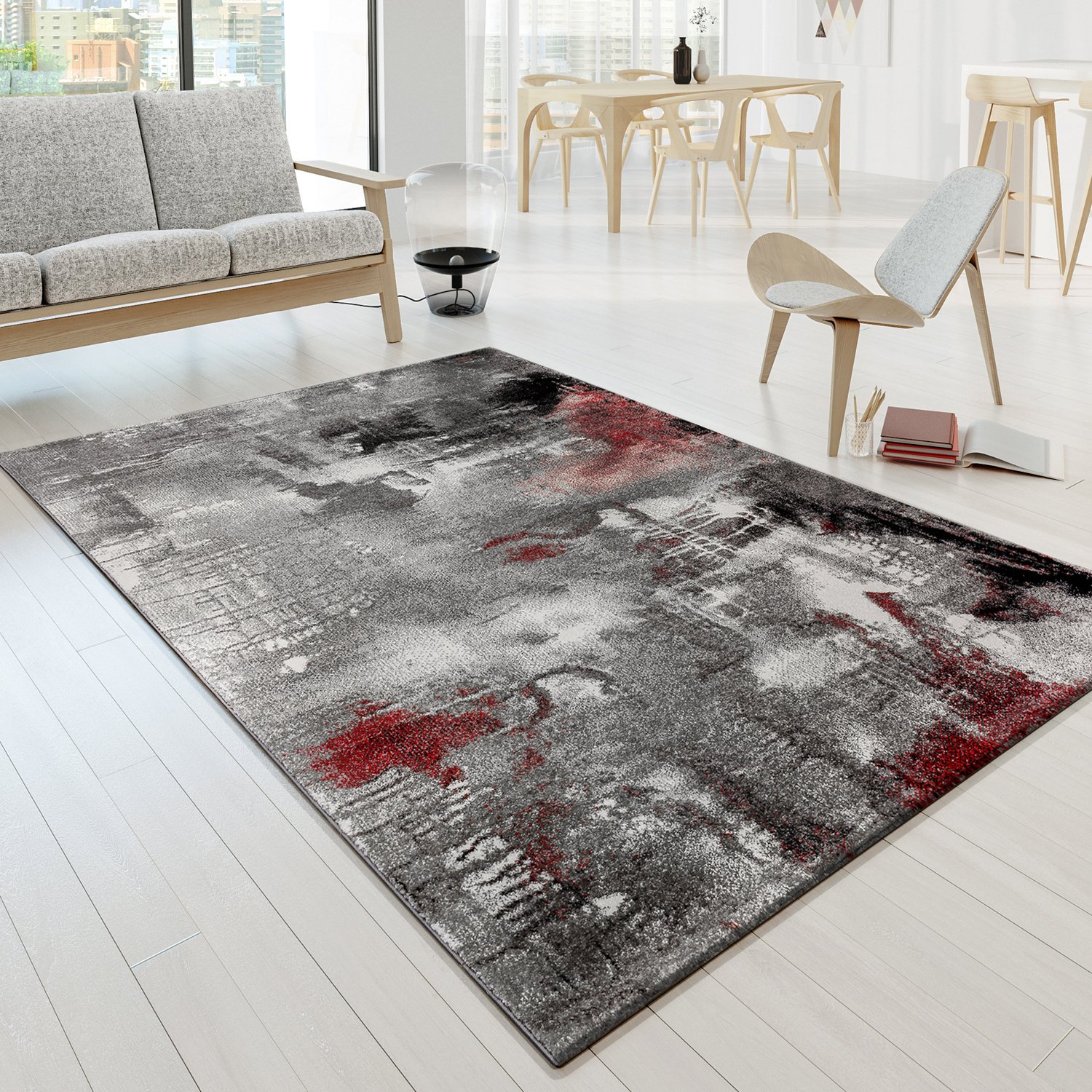 Paco Home Area Rug Modern Artful Design in Mottled Grey Red Cream,
