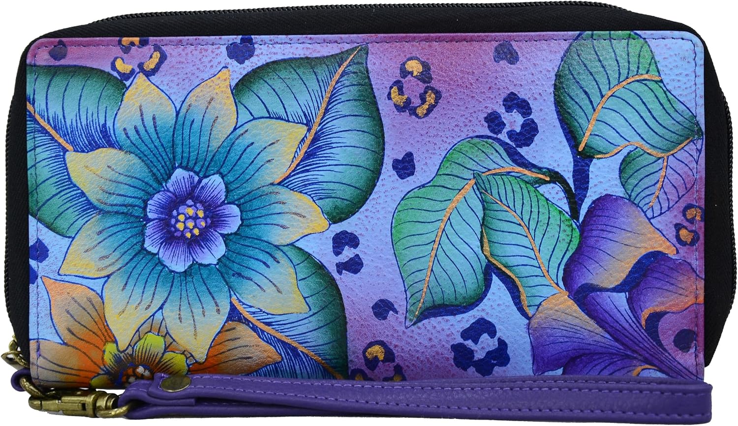 Anna by Anuschka Women's Hand Painted Leather Zip-Around Clutch, Summer Garden Denim, One Size