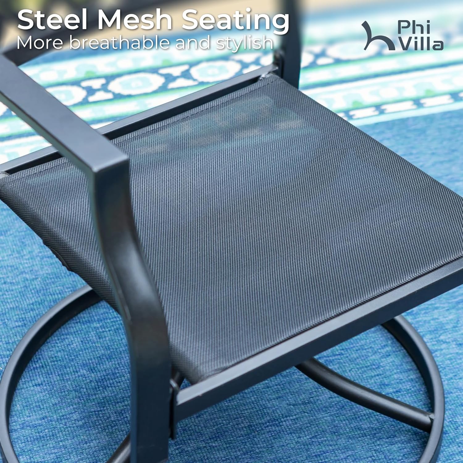 PHI VILLA Outdoor Metal Swivel Chairs Set of 2 Patio Dining Chair with Cushion Furniture Set for Garden Backyard Bistro, Small Grid, Black