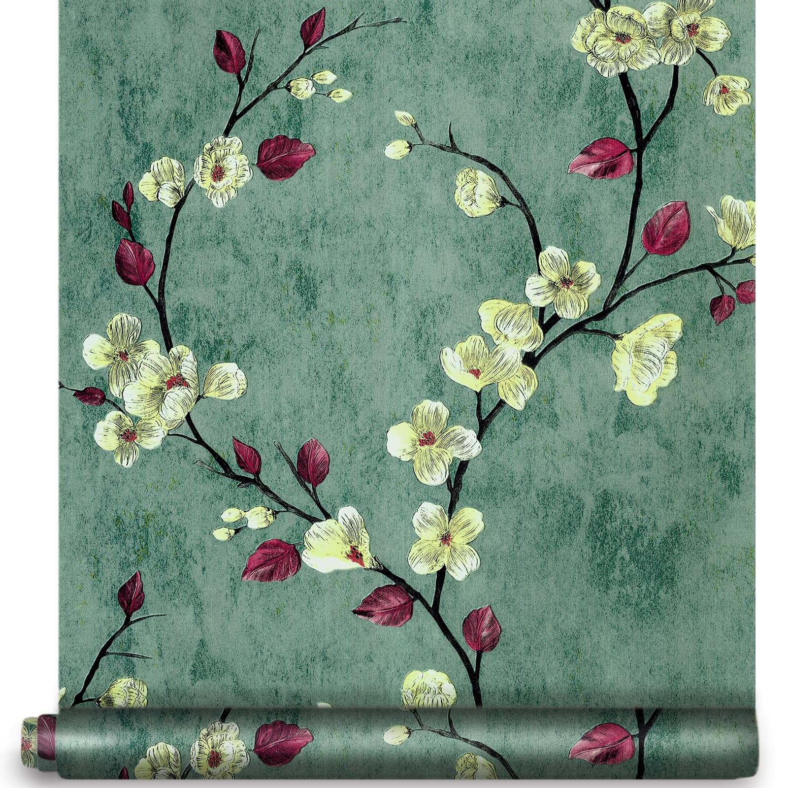 Papier peint fleurs de prunier vert adhésif amovible 45cm x 3m