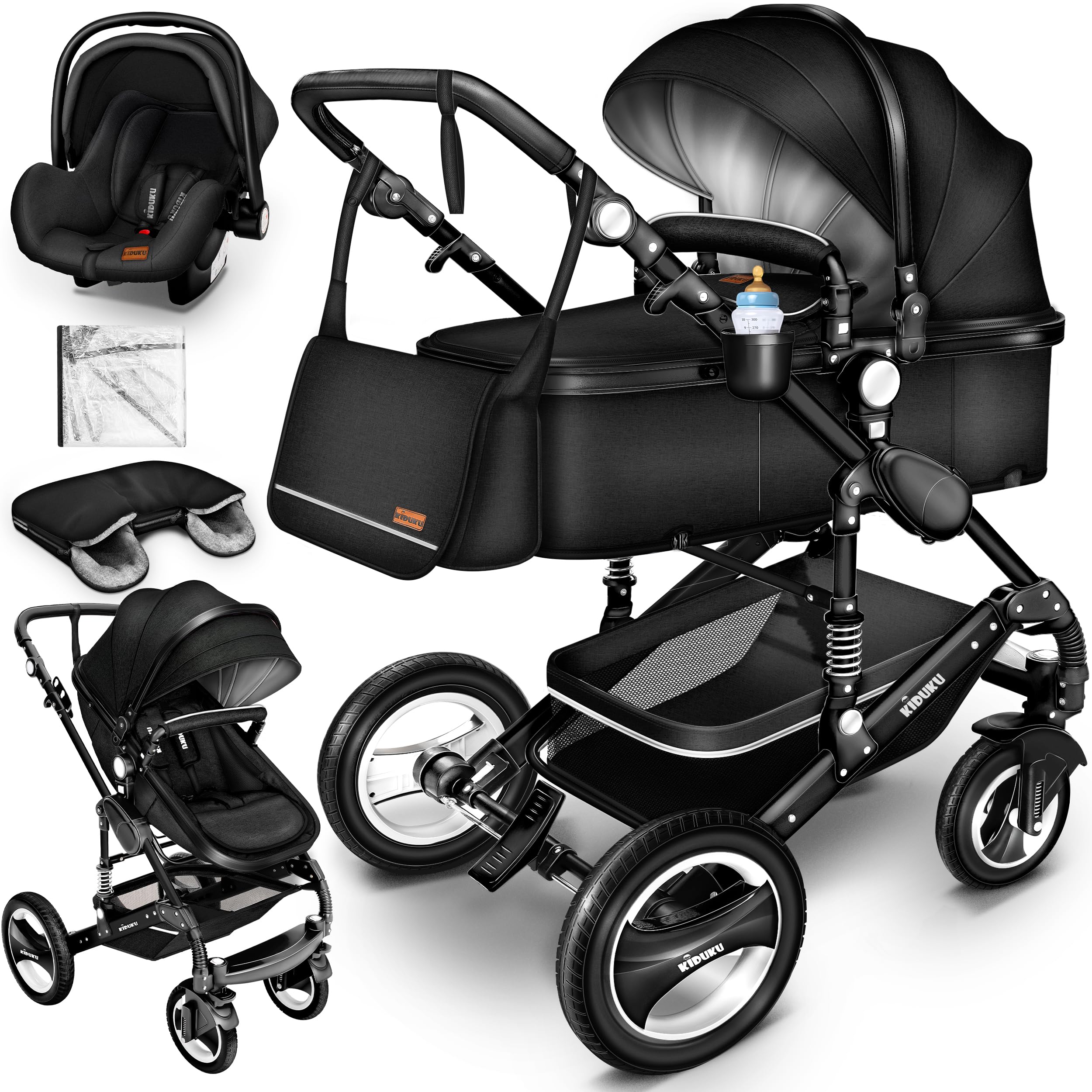 KIDUKU® 3 in 1 Passeggino Completo Trio | Passeggino Sistema Combinato con Navicella Ovetto Seggiolino Auto Coprigambe | Pneumatici in Gomma Dura Borsa Fasciato