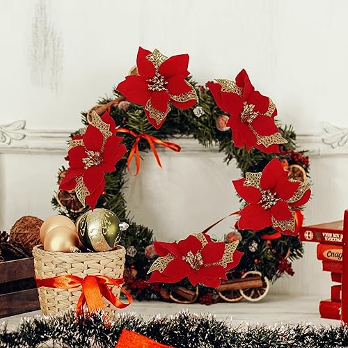 Miniatura 3 de Flores de Pascua artificiales con purpurina y clips de bricolaje para decoración, adornos y coronas de Navidad para decorar árboles de Navidad y