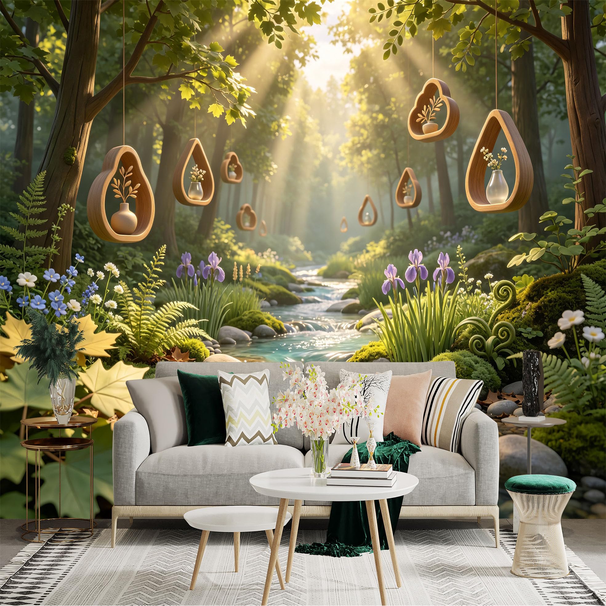 Lnzczhyre Bh260719767 Custom Size Wall Sticker Mural， Enchanted Forest Stream With Hanging Wooden Planters And Wildflowers， For Wall Decoration， Peelandstick Wall Decals.