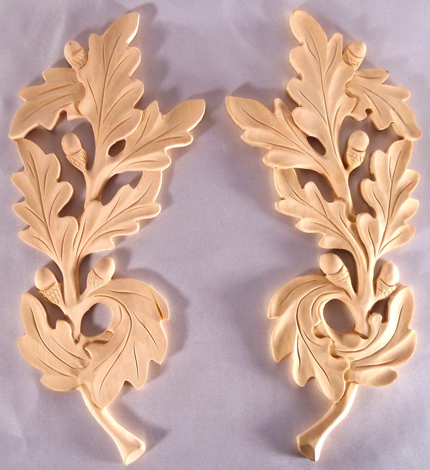 11"H X 4-3/4"W X 1/2"TH, Hand Carved Wood Leaf Medallion Onlay Applique Corbel (Pair L & R) OK7007