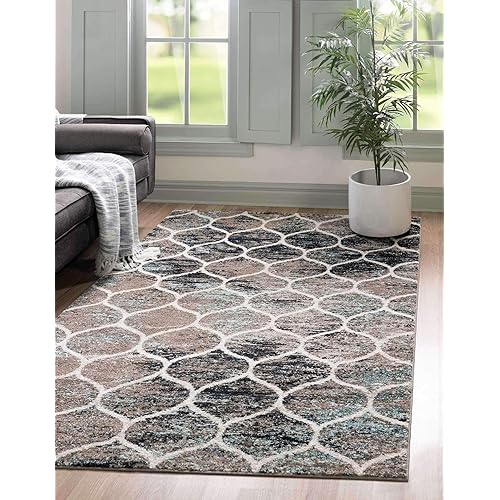 Unique Loom Trellis Frieze Collection Area Rug-Modern Morroccan Inspired Geometric Lattice Design, 7 x 10 ft, Multi/Blue