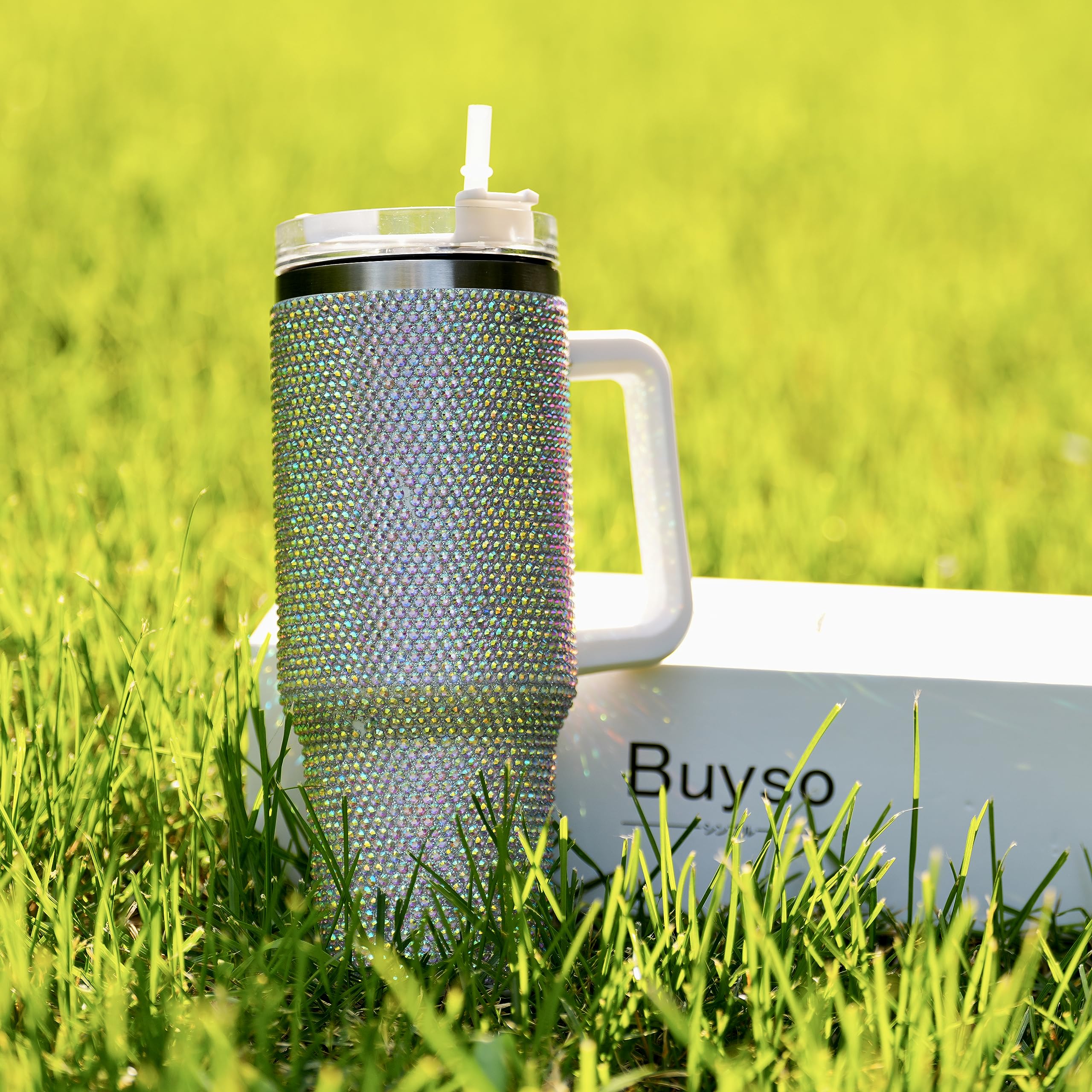 Glitzernder Becher mit Griff, Strasssteine, Becher mit Deckel und Strohhalm, isoliert, Edelstahl, doppelwandig, Wasserbecher, Reisebecher für Damen, 1,2 l, glänzend, 1,2 l