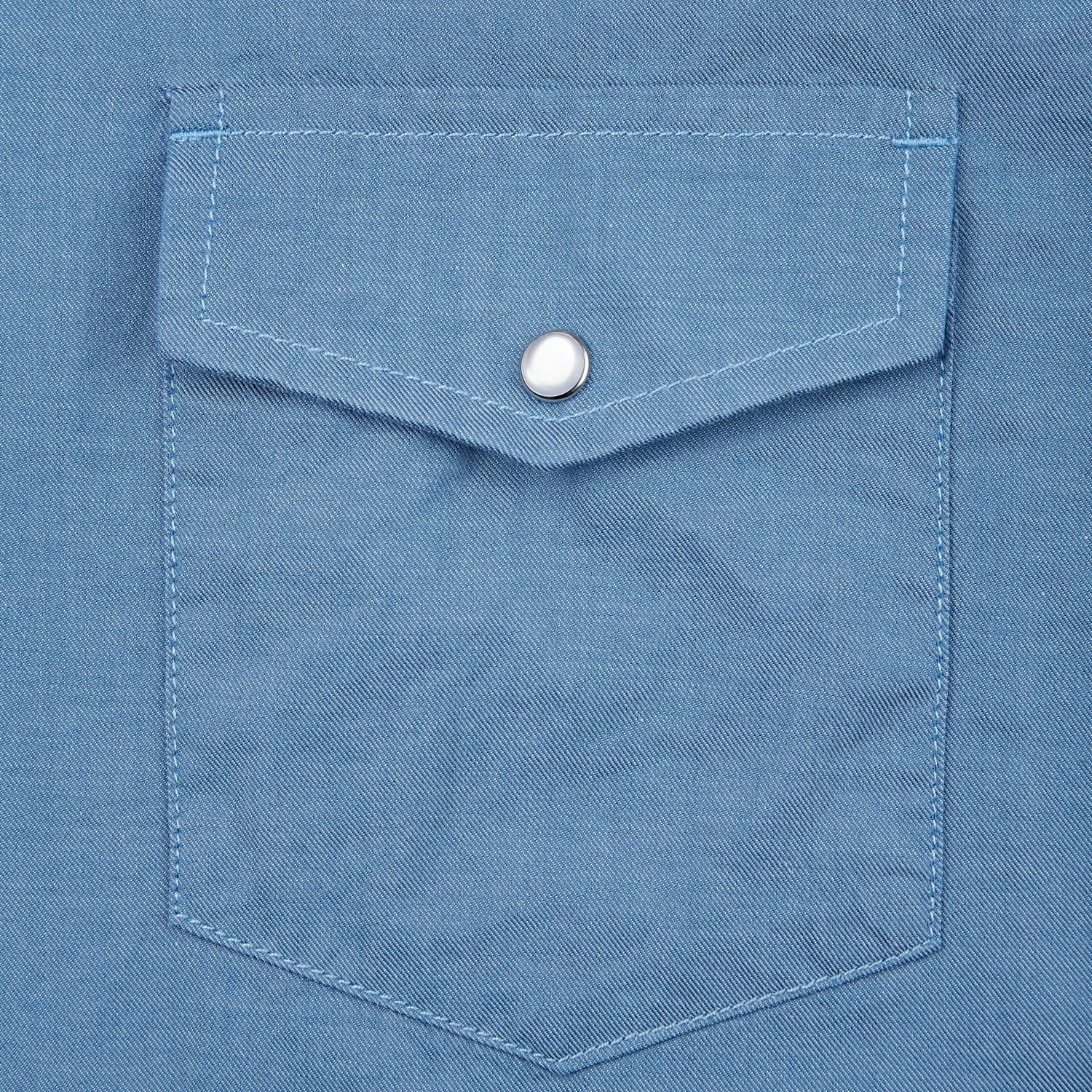 Men's Denim Western Cowboy Pearl Snap Casual Button Down Up Dress Light Weight Short Sleeve Soild Work Shirts - Image 4