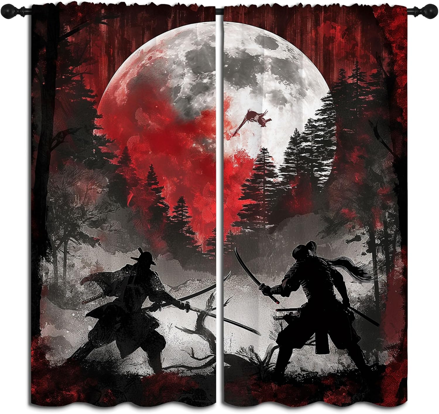 Japanese Samurai Blackout Curtains for Boys Girl Bedroom Decor,Asia Retro Anime Forest Moon Thermal Insulated Rod Pocket Drapes Darkening Window Curtain for Living Room Home 42x45 inch