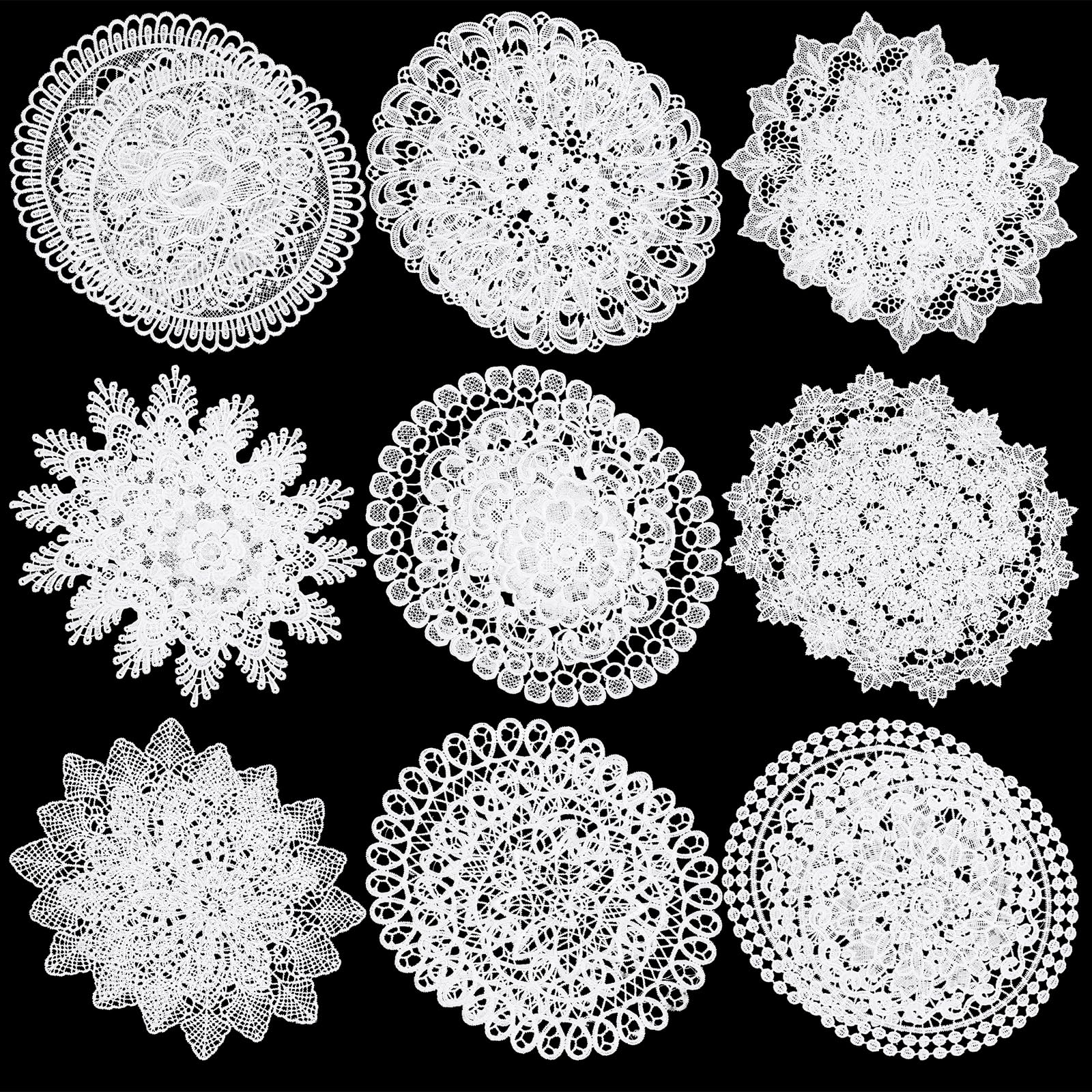 18 Pcs 10 Inch Lace Doilies for Tables Crochet Doilies Vintage Cotton Lace Coasters Handmade Round Placemats Rustic Table Decor for Kitchen Dining Room Wedding Cup Vase Decoration (White, 9 Styles)