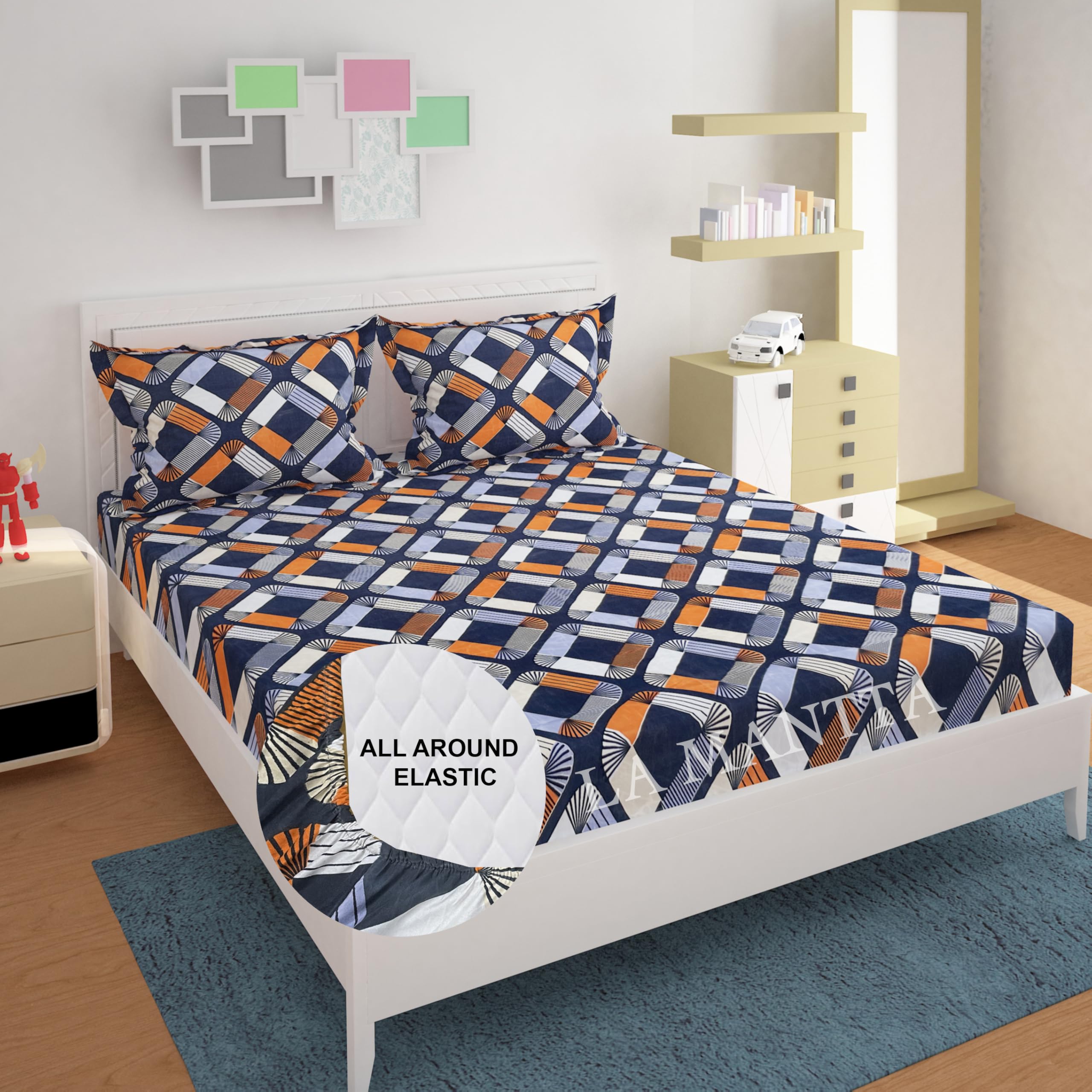 LA MANTTA 250 TC Microfiber Double Geometric Fitted (Elastic) Bedsheet (Pack of 1, Multicolor)-image-43