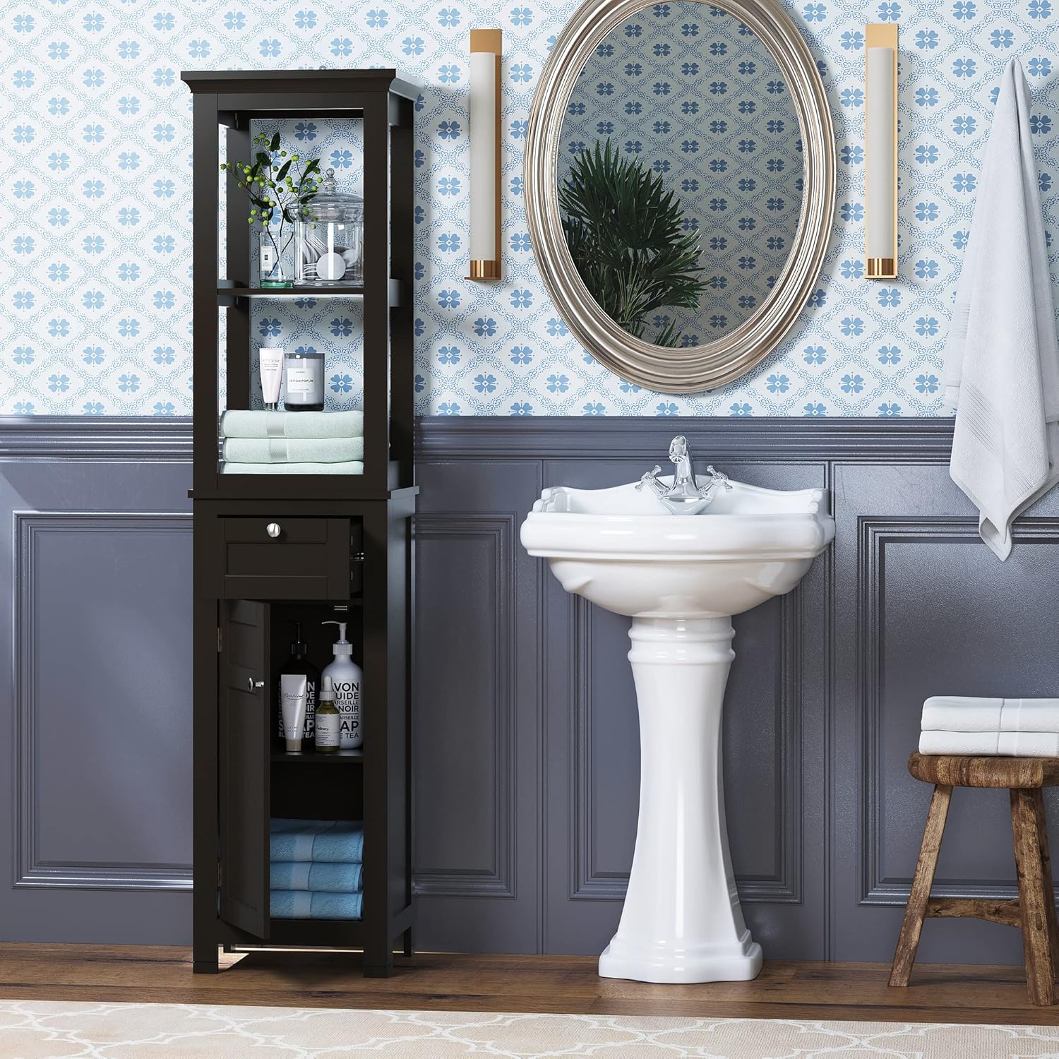 Spirich Slim Bathroom Storage Cabinet, Tall Narrow Cabinet with Door and Shelves, Freestanding Linen Tower (Espresso)