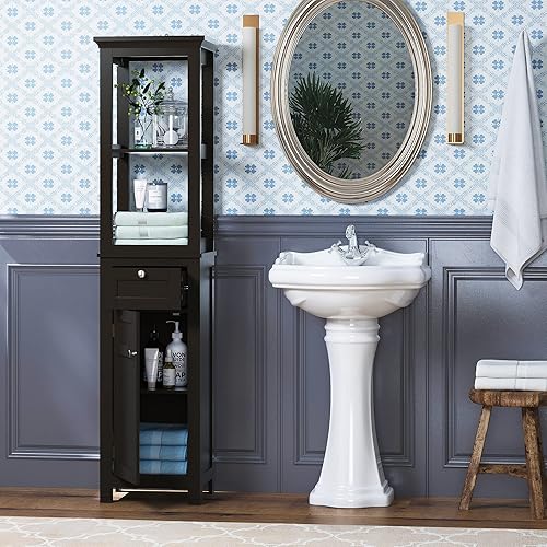 Miniatura 2 de Spirich Gabinete de almacenamiento delgado para baño, armario alto y estrecho con puerta y estantes, torre de lino independiente (espresso)