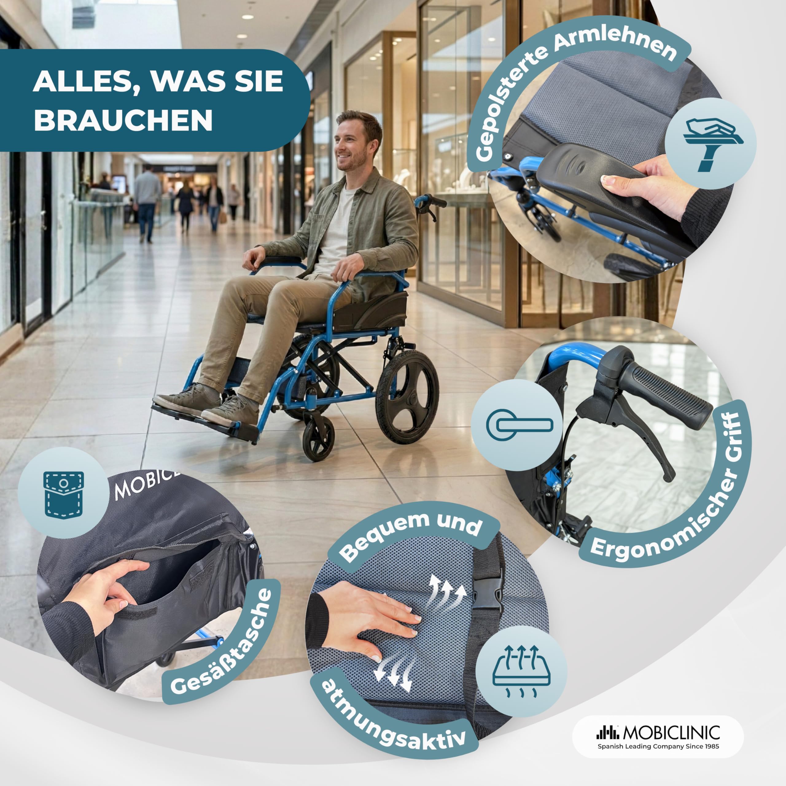 Mobiclinic®, Faltbarer Rollstuhl, Transportrollstuhl, Klappbare Rückenlehne, Klappbare Fußstützen, Doppel Bremssystem, Verstärkter Stahl, Bis 100 kg, Leicht und kompakt, Faraón